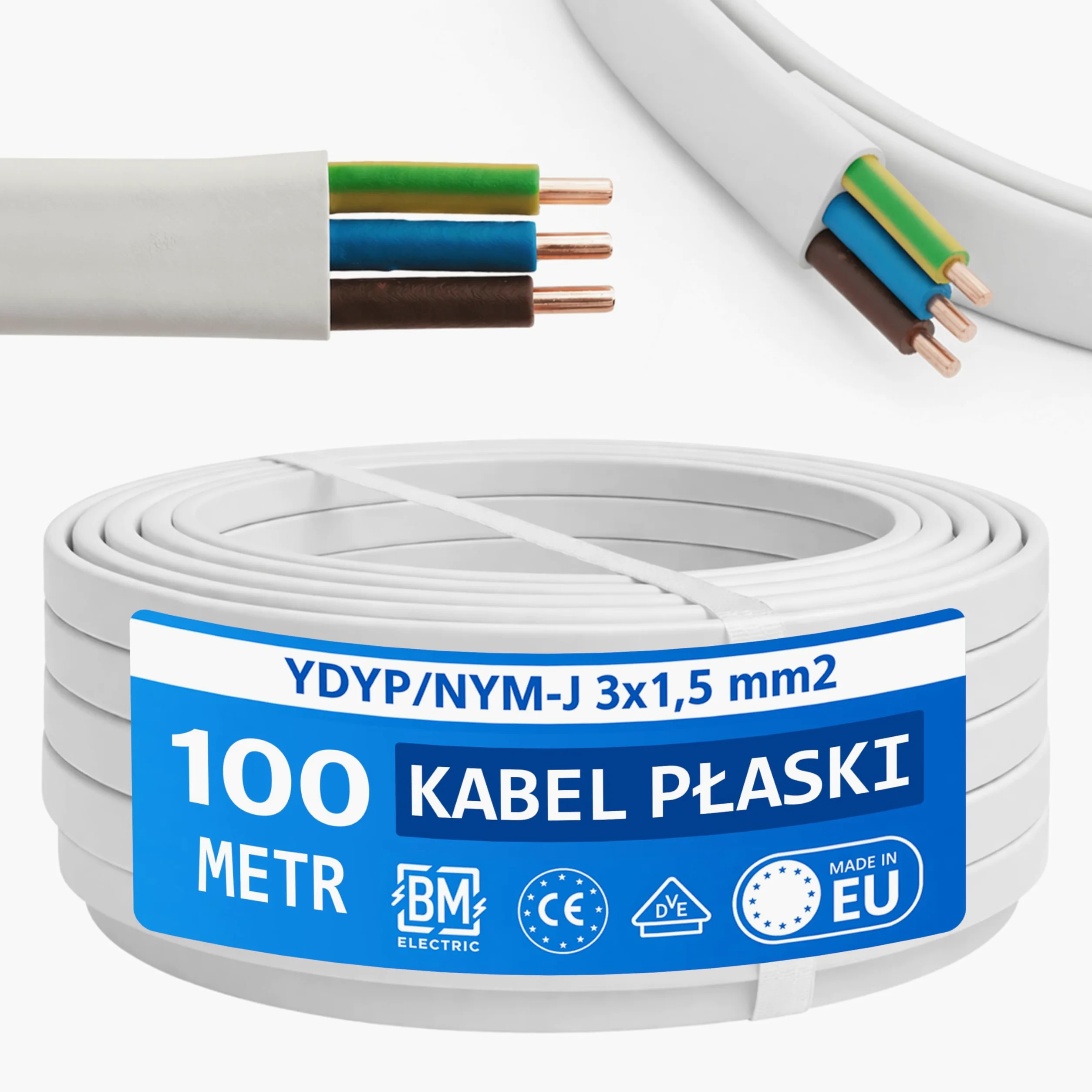 NYM kabel 3 x 1,5 mm² YDYp – kabel zasilający 3-biegunowy, płaski kabel 100 m, 10 x 5 mm, przepust okienny, kabel do wilgotnych pomieszczeń, masywny przewód miedziany, 300/500 V