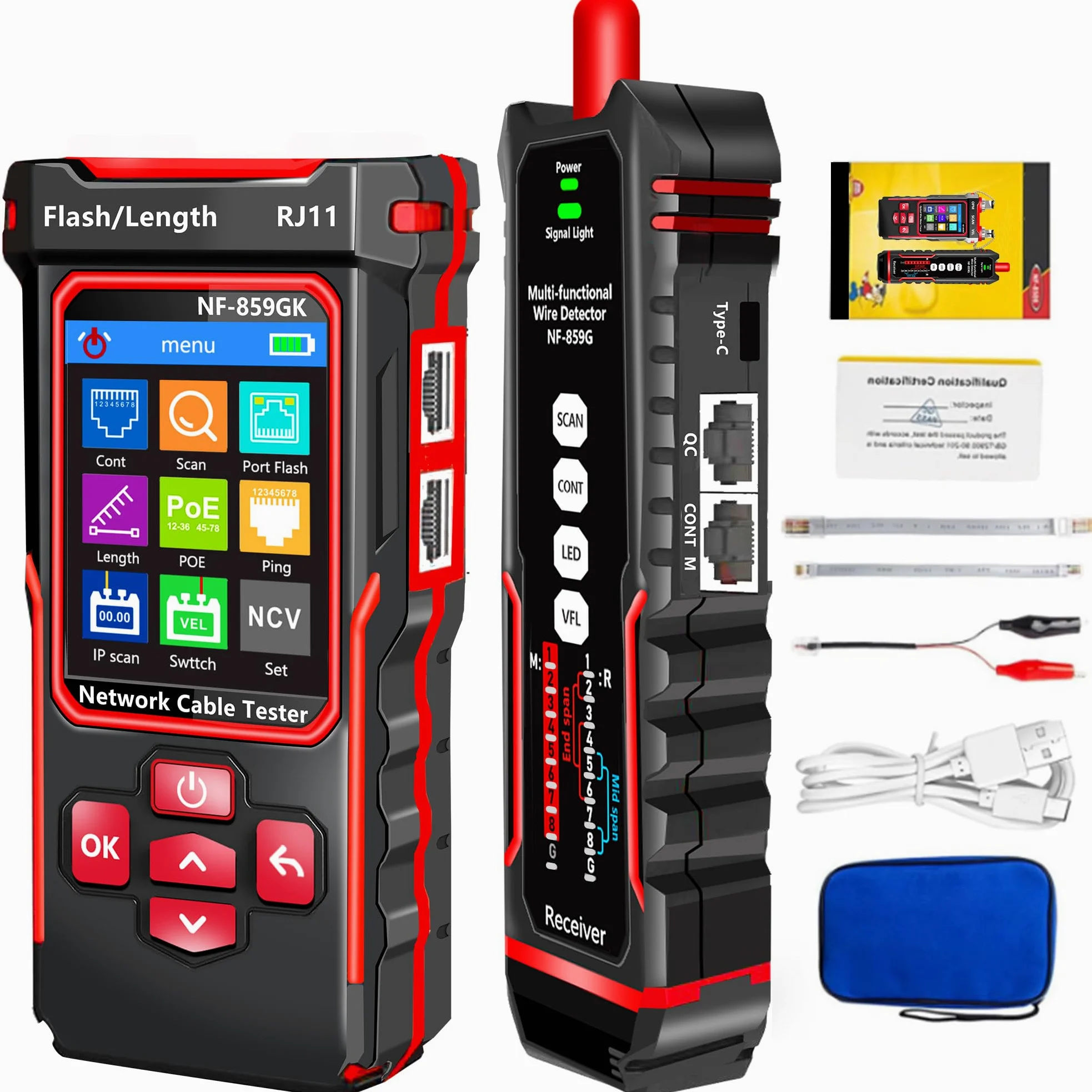 NF-859GK Tester kabli sieciowych TDR wielofunkcyjny ze skanowaniem IP / VFL/PING/POE/CAT5 CAT6 CAT7/RJ45 RJ11 testerem kabli do linii telefonicznych, tester kabli Ethernet tester sieci LAN
