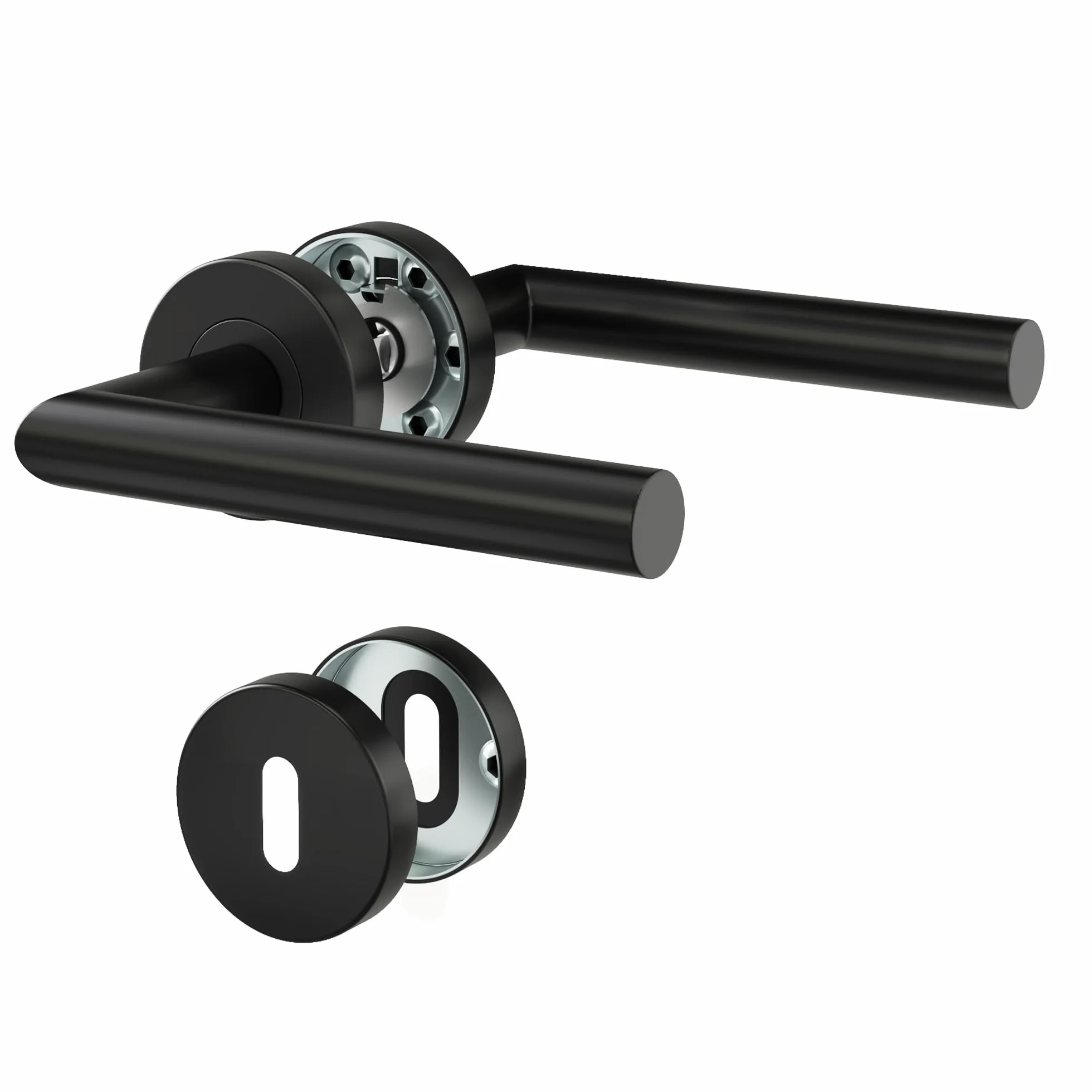 DIYGEEK Klamki do drzwi wewnętrznych, klamka czarna malowana proszkowo do klamek drzwi pokojowych, zestaw klamek ze stali nierdzewnej z rozetą Ø 52 mm BB-Buntbart, kształt litery L