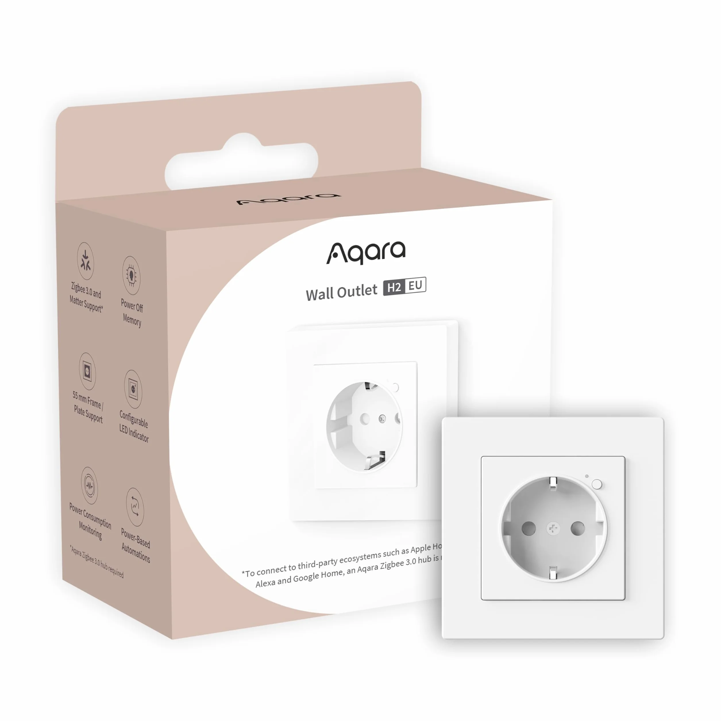 Aqara Gniazdko Ścienne H2 EU z Matter, Wymagany jest hub Zigbee 3.0, 16A, Monitorowanie Energii i Ochrona Zasilania, z Planowaniem i Kontrolą Głosową, Wspiera HomeKit, Alexę, Google Home i IFTTT