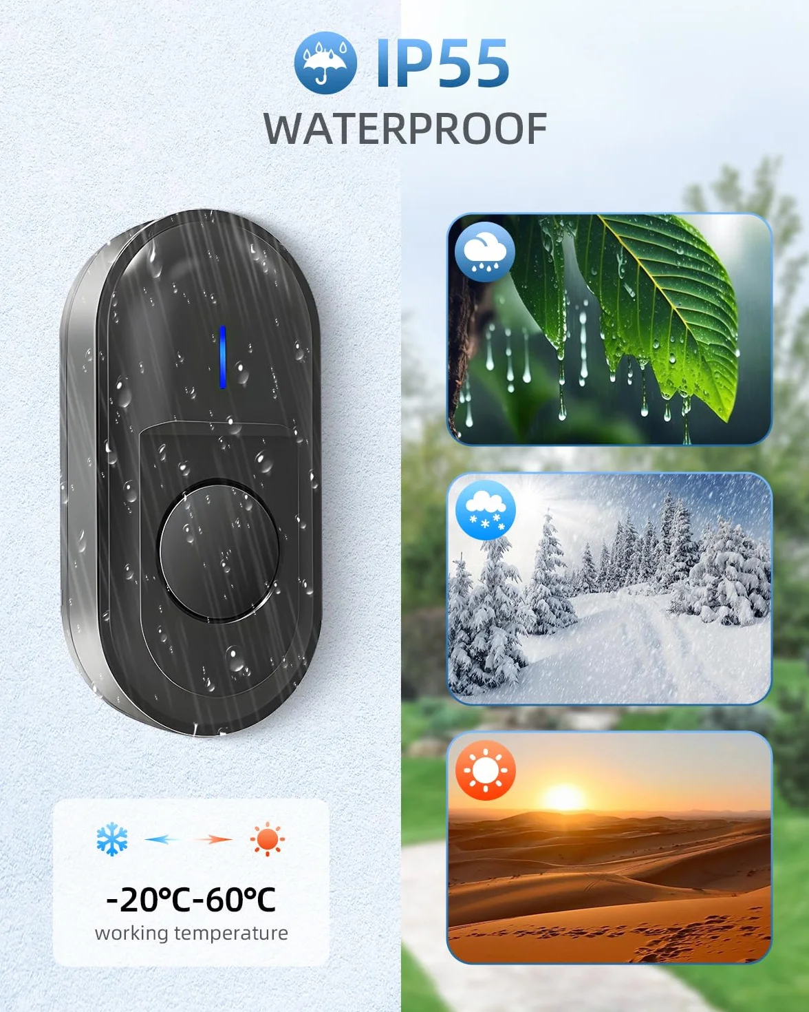 Dzwonek radiowy, zestaw dzwonków do drzwi, zasięg 300 m, IP55, wodoszczelny, 2 odbiorniki plug-in, 55 melodii, 5 poziomów głośności, światło RGB