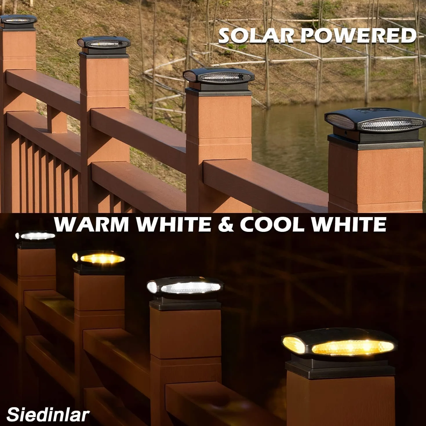 Siedinlar Lampy solarne na zewnątrz, 2 tryby, 24 diody LED, zasilane energią słoneczną, do słupków 4 x 4, 5 x 5, 6 x 6 słupków, ogrodu, patio, dekoracja, ciepła biel i zimna biel, czarna (4 sztuki)