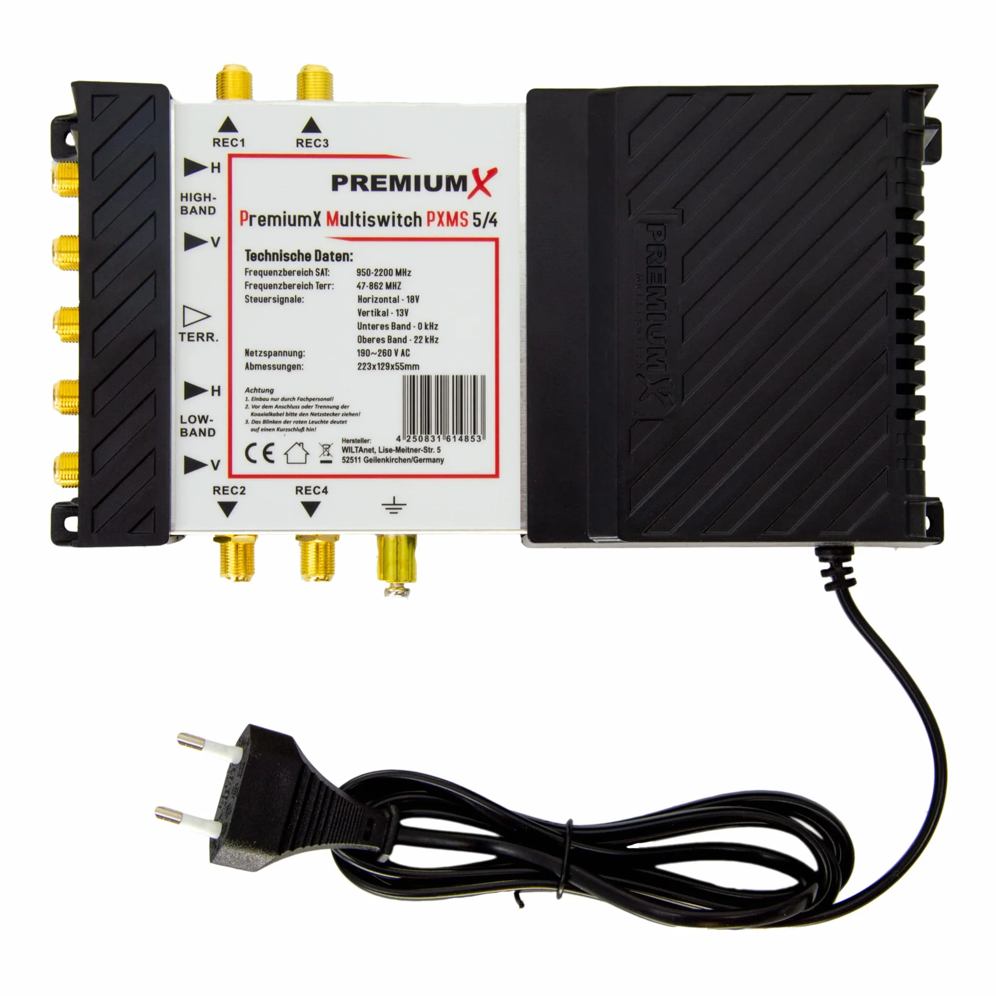 PremiumX PXMS Multiswitch 5/4 z zasilaczem - Dystrybutor sygnałów satelitarnych dla 4 użytkowników - Obsługuje Digital HDTV FullHD 4K UHD 8K
