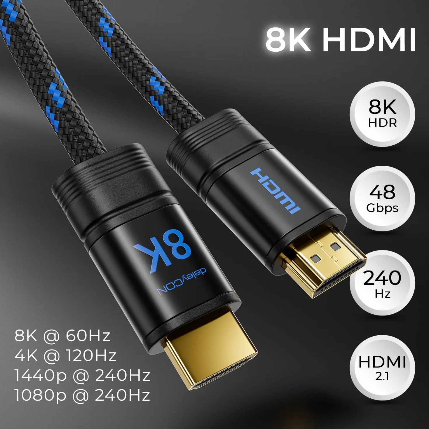 deleyCON 2m Kabel HDMI 2.1b 48G ULTRA Highspeed 8K@60Hz 4K@120Hz EARC HDCP 2.3