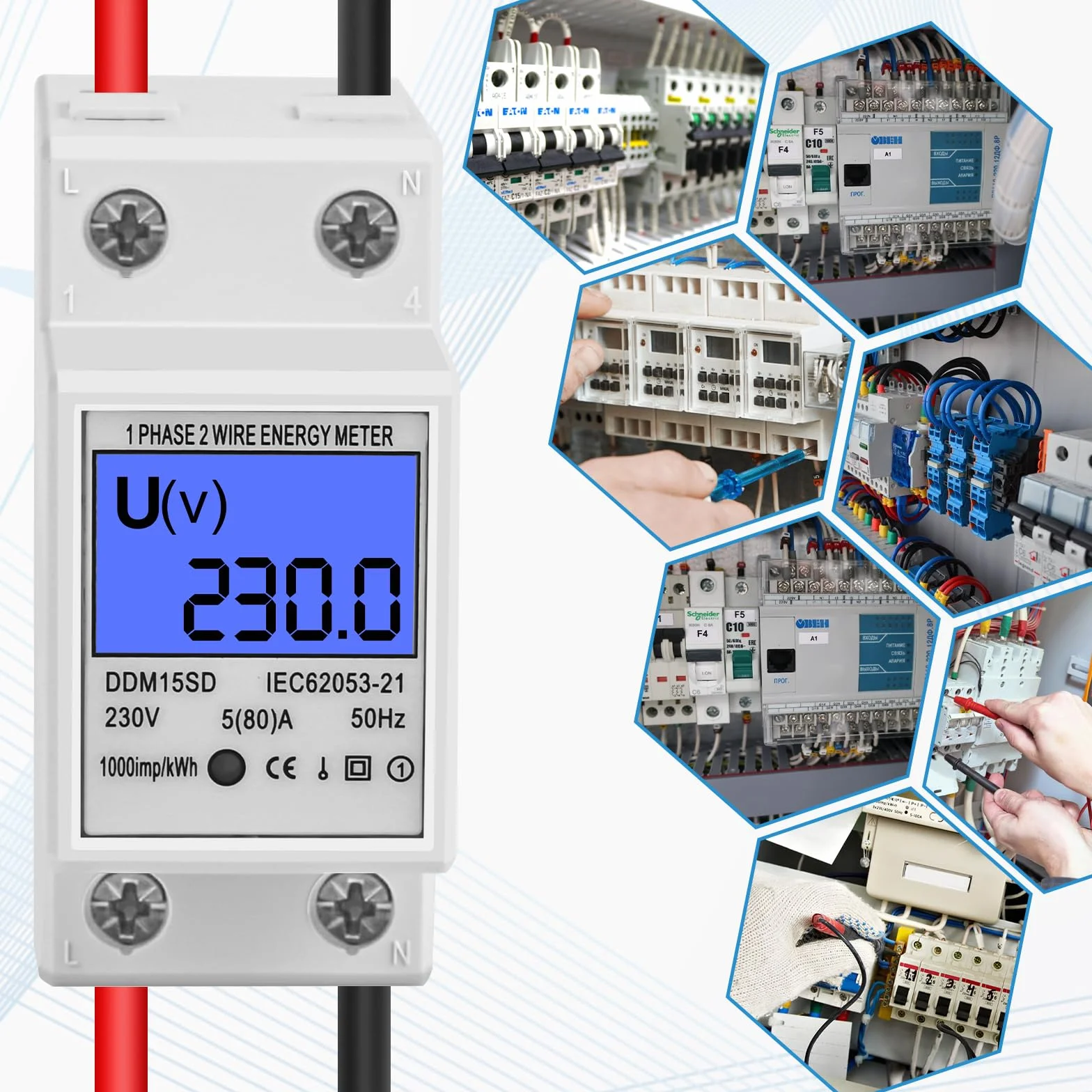 Licznik prądu z szyną montażową, cyfrowy licznik prądu zmiennego, szyna montażowa z ekranem LCD, licznik KWh 5 (80) A 1-fazowy 2-biegunowy 2P DIN szyna licznik prądu