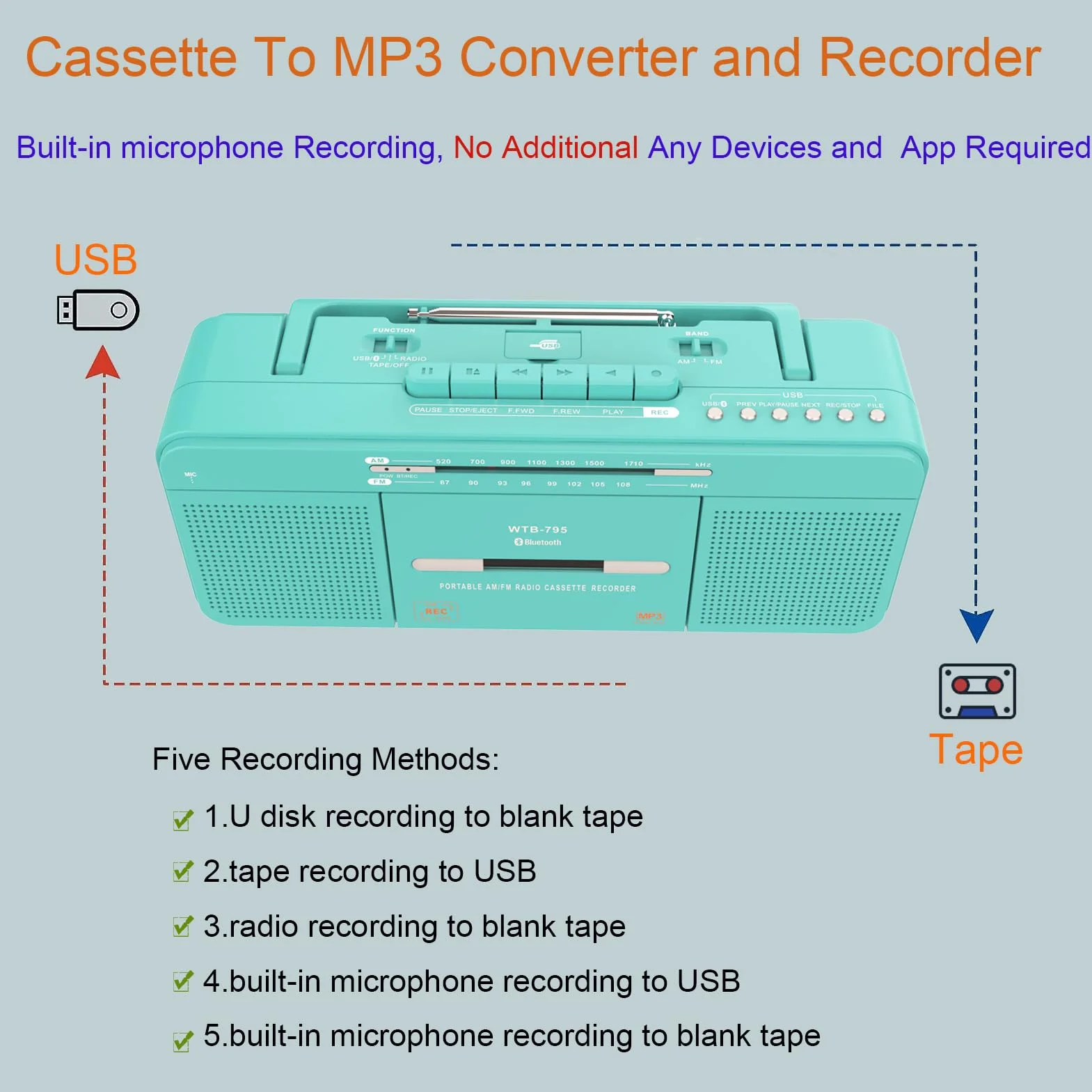 WISCENT Odtwarzacz kasetowy USB Bluetooth AM/FM Radio stereo, konwerter na MP3, głośniki 3", przenośny