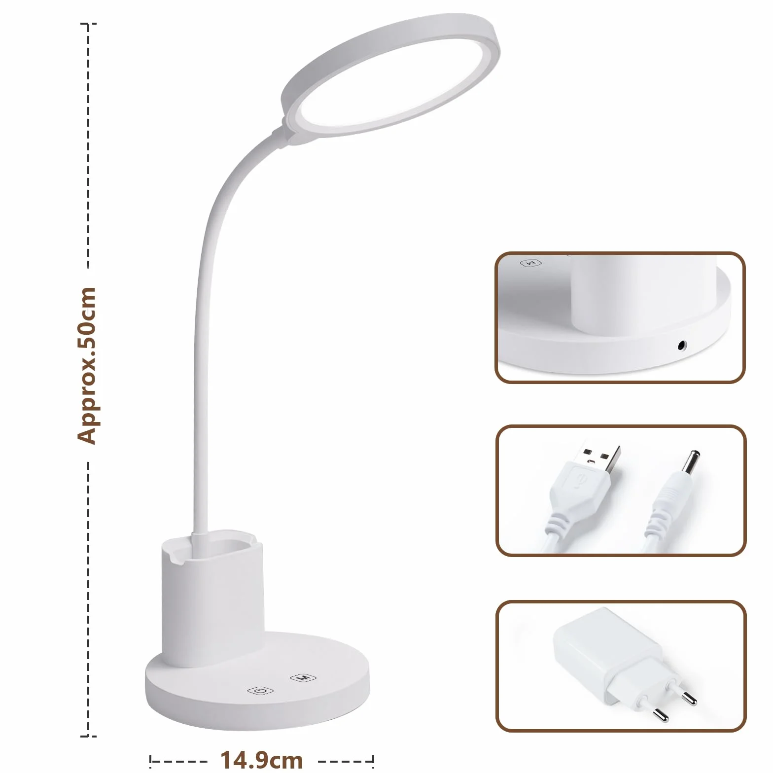 LQWELL Lampka biurkowa LED Touch dla dzieci i dorosłych, 360°, gęsia szyja, 3 kolory i regulacja jasności, z uchwytem na długopis i telefon, przewód zasilający 1,2 m, wtyczka, kolor biały