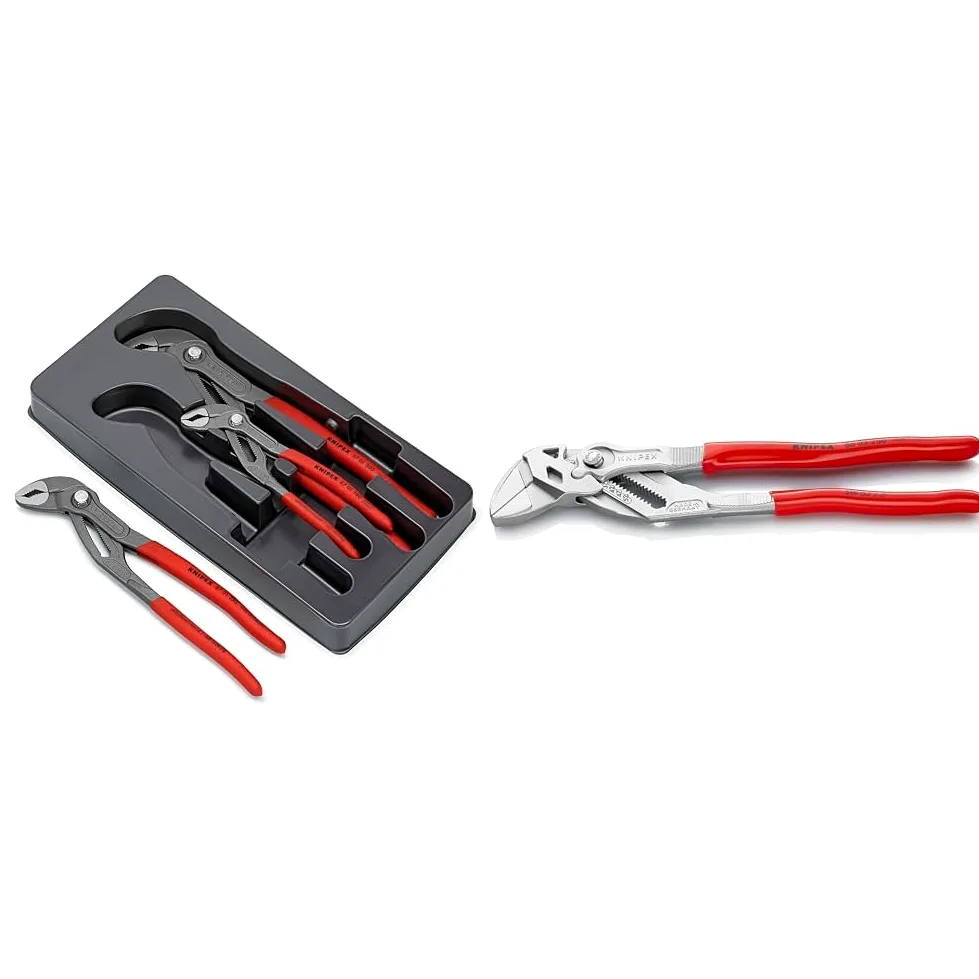 Knipex Cobra Szczypce Nastawne, Czarny/Czerwony, 36.5 x 16.99 x 3.51 cm & Knipex Wkp8603250 Szczypce Nastawne, Srebrny/Czerwony, 250 mm