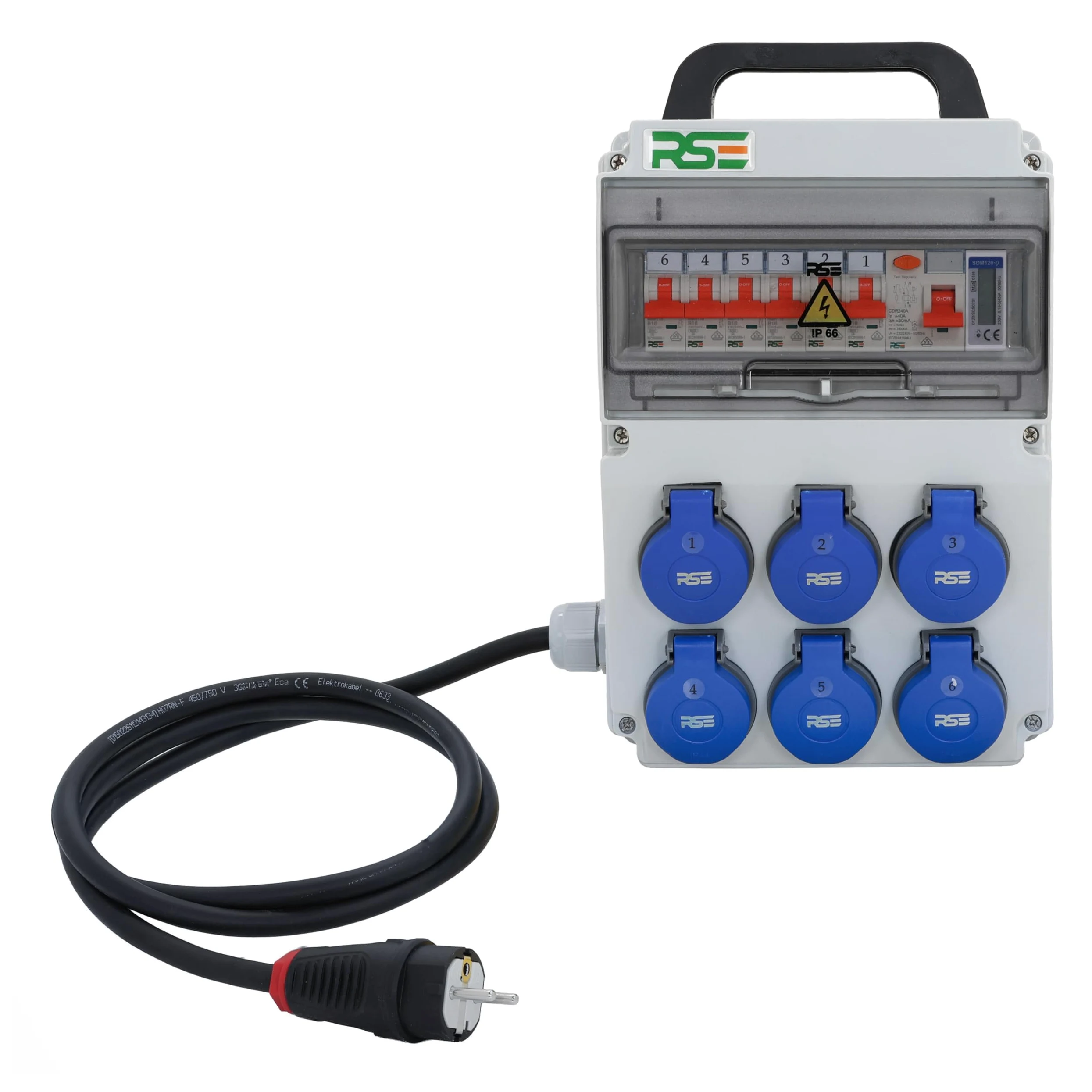 Dystrybutor naścienny z puszką wtykową, licznik IP65: 6 x 230 V z LS + FI + licznik, z kablem przyłączeniowym 3G2,5 mm² 1,5 m, wtyczka z zestykiem ochronnym 16 A (230 V), z uchwytem