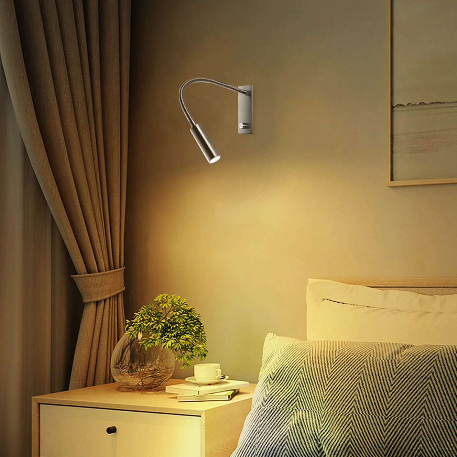 Meanyee Lampa ścienna do czytania zagłówek lampka nocna z przełącznikiem obrotowym/bezstopniowe ściemnianie/regulowane ramię/osadzone/szczotkowany nikiel/ciepła biel 3000 K Cree LED/MY-WN065