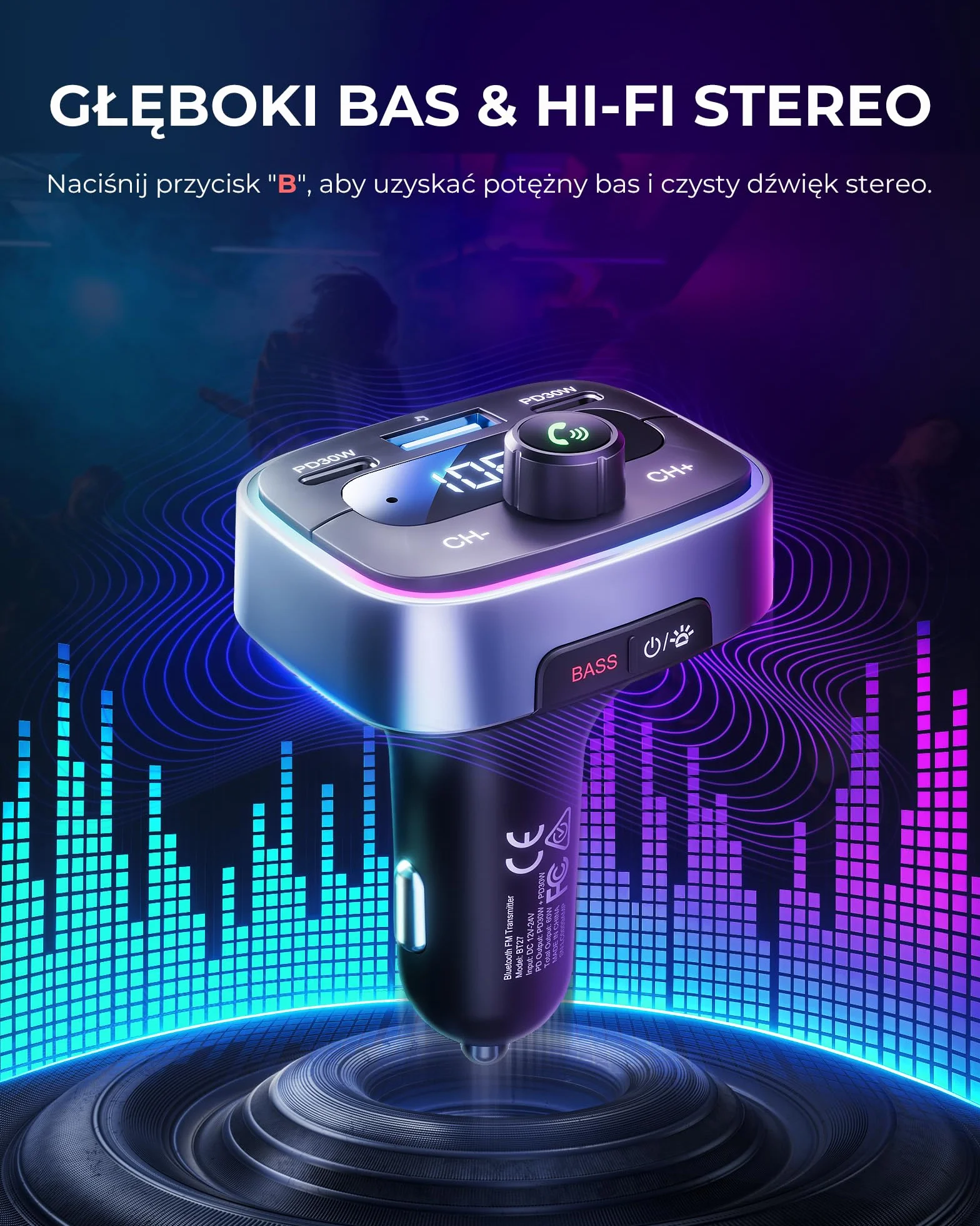 LENCENT Nadajnik FM Bluetooth 5.4 60 W Szybkie Ładowanie 2 USB-C PD 30 W Hi-Fi Głęboki Bas LED
