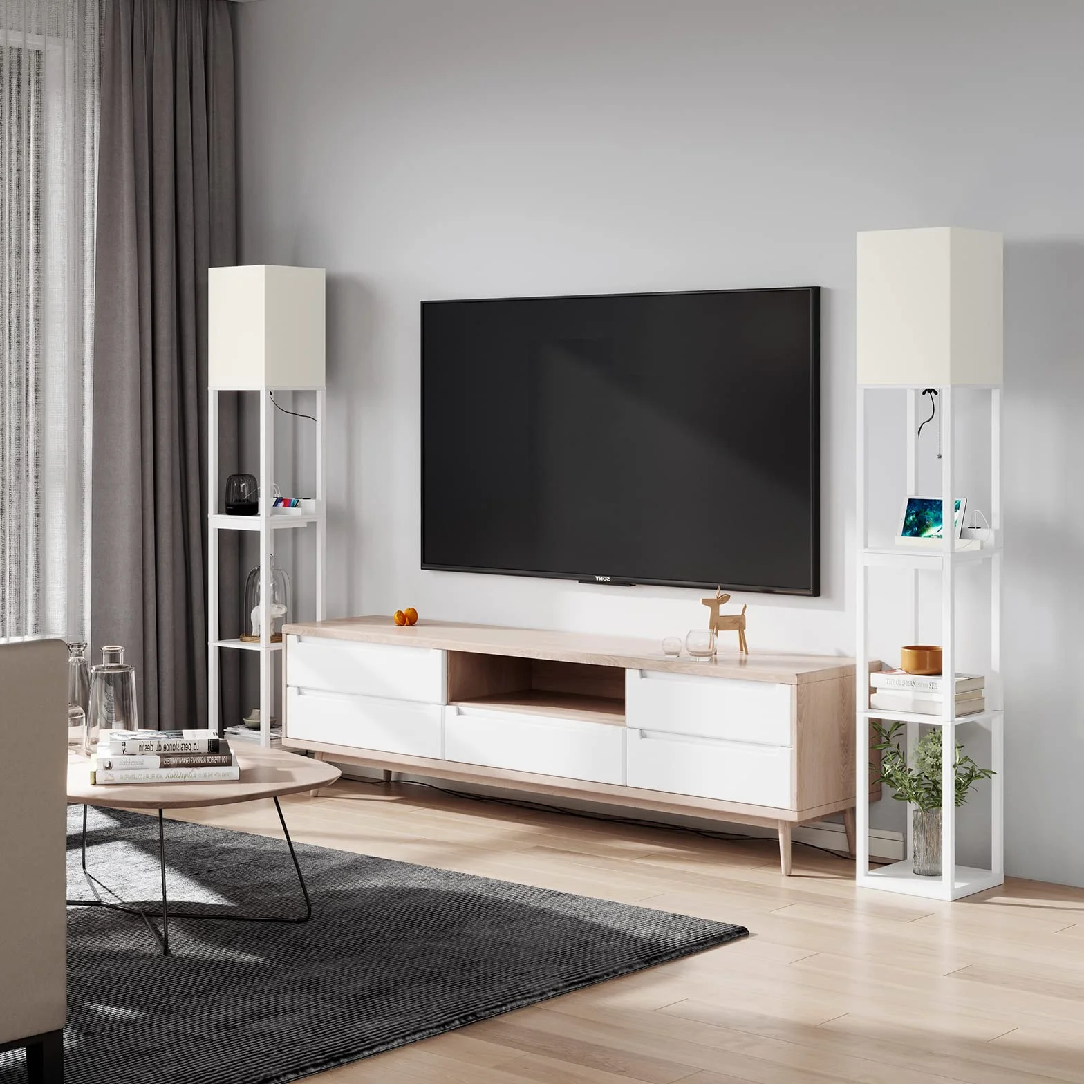 SUNMORY Lampa Podłogowa Z Półką Z Litego Drewna, 3 Temperatury Barwowe, 2 Porty USB Do Ładowania I 1 Szuflada, Biała (Z Żarówką)