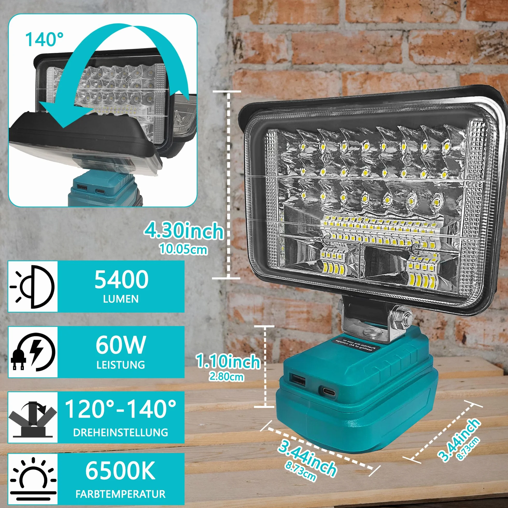 bycpower lampa akumulatorowa do Makita 18 V, 60 W, 5400 lm, bezprzewodowa lampa robocza, 2 tryby pracy LED, reflektor akumulatorowy z 2 ładowaniami USB, przenośny reflektor w sytuacjach awaryjnych, na