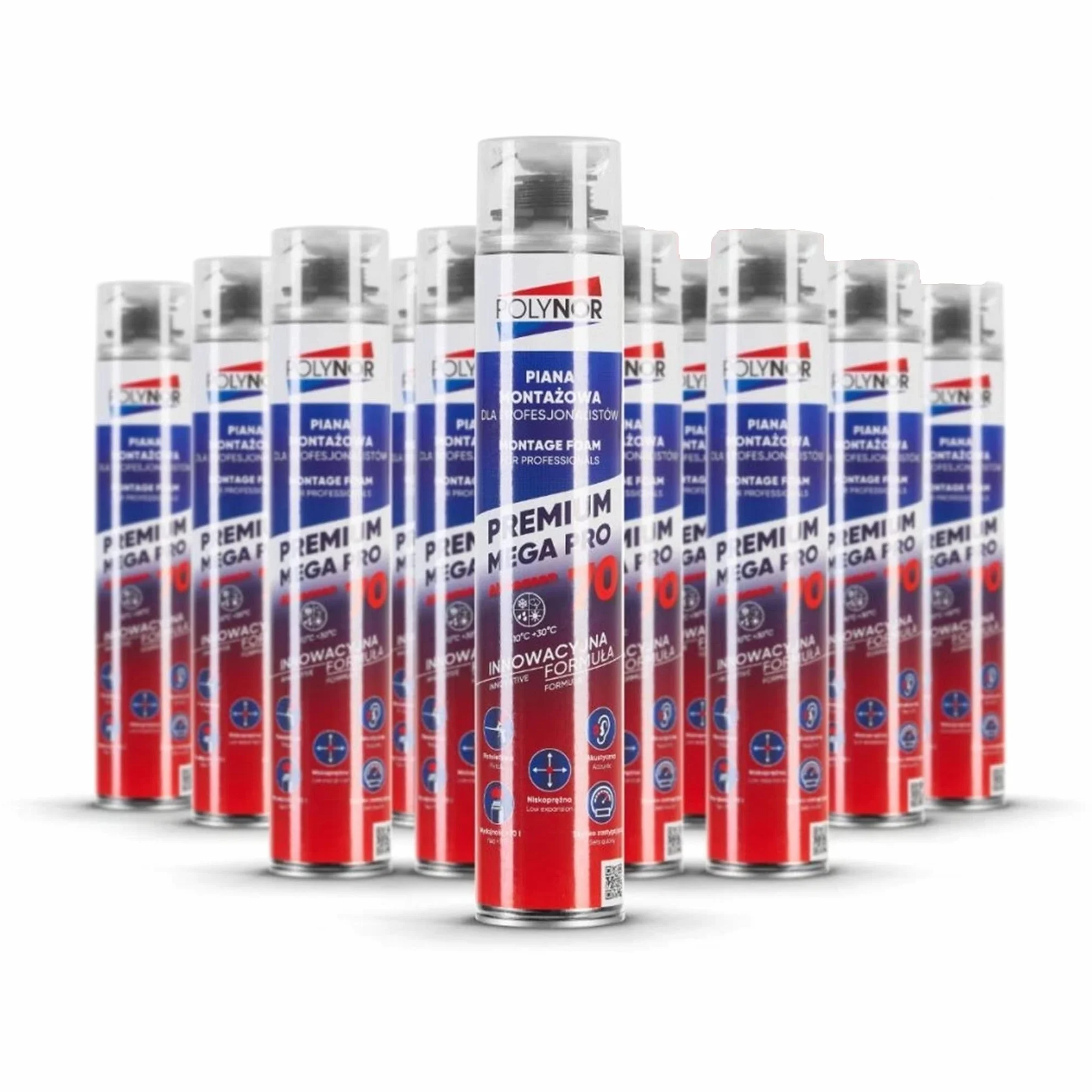POLYNOR Pianka Montażowa PREMIUM MEGA PRO 70 - Piana Montażowa Wielosezonowa - 12 Sztuk - do Okien i Drzwi - Uszczelnianie Szczelin i Spoin - PUR 70L - 850 ml