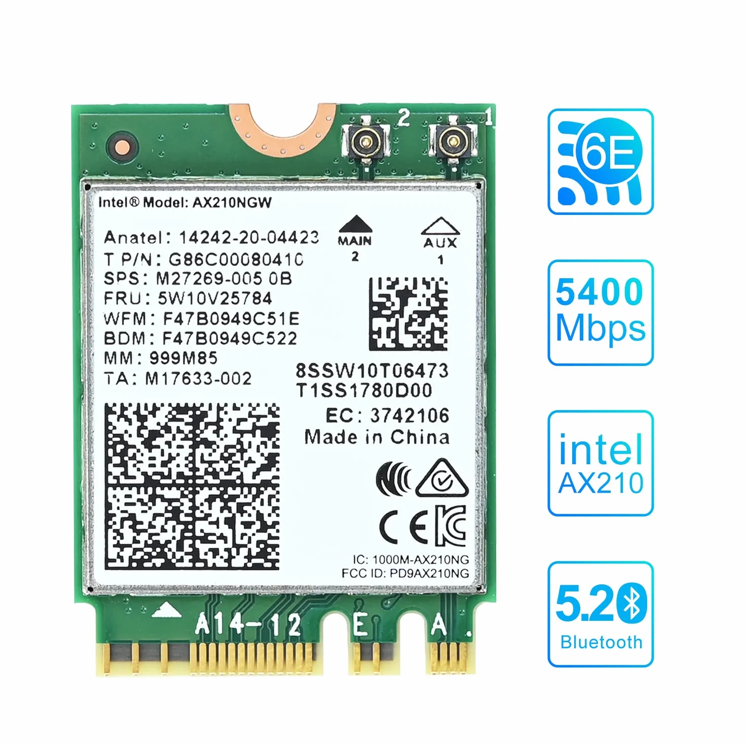 Podazz AX210NGW karta WiFi, bezprzewodowa karta Wi-Fi 6E rozszerzenie do 6GHz MU-MIMO Tri-Band Bluetooth 5.2 do laptopa, obsługuje Bluetooth 5.2 | MU-MIMO | Windows 10/11 (64-bitowy) Linux, M.2/NGFF