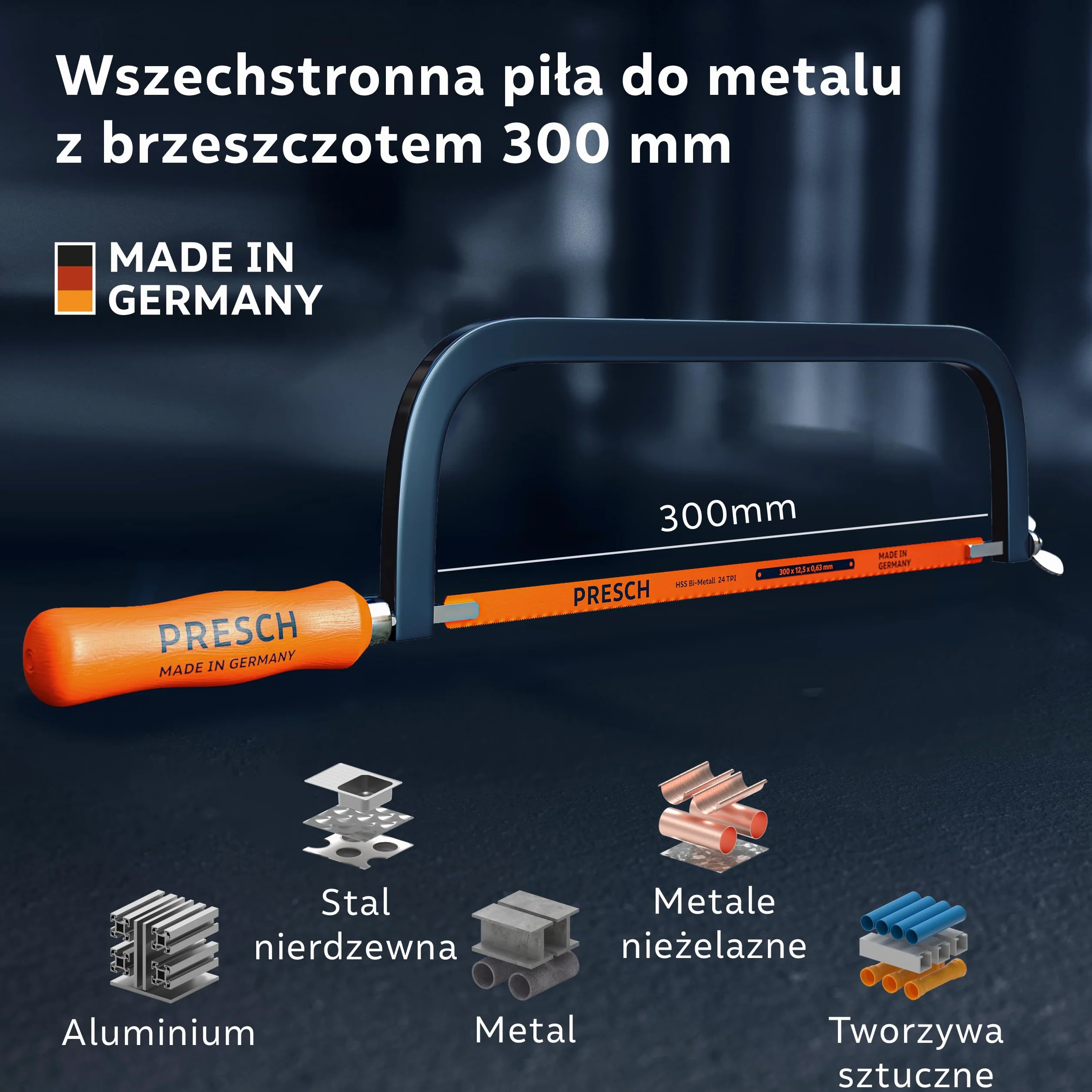 Presch Piła do metalu 300mm - Z brzeszczotem BI-metal do precyzyjnego cięcia - Obrót brzeszczotu o 90° do cięć poziomych i pionowych - Szybka wymiana brzeszczotów - Pila ręczna