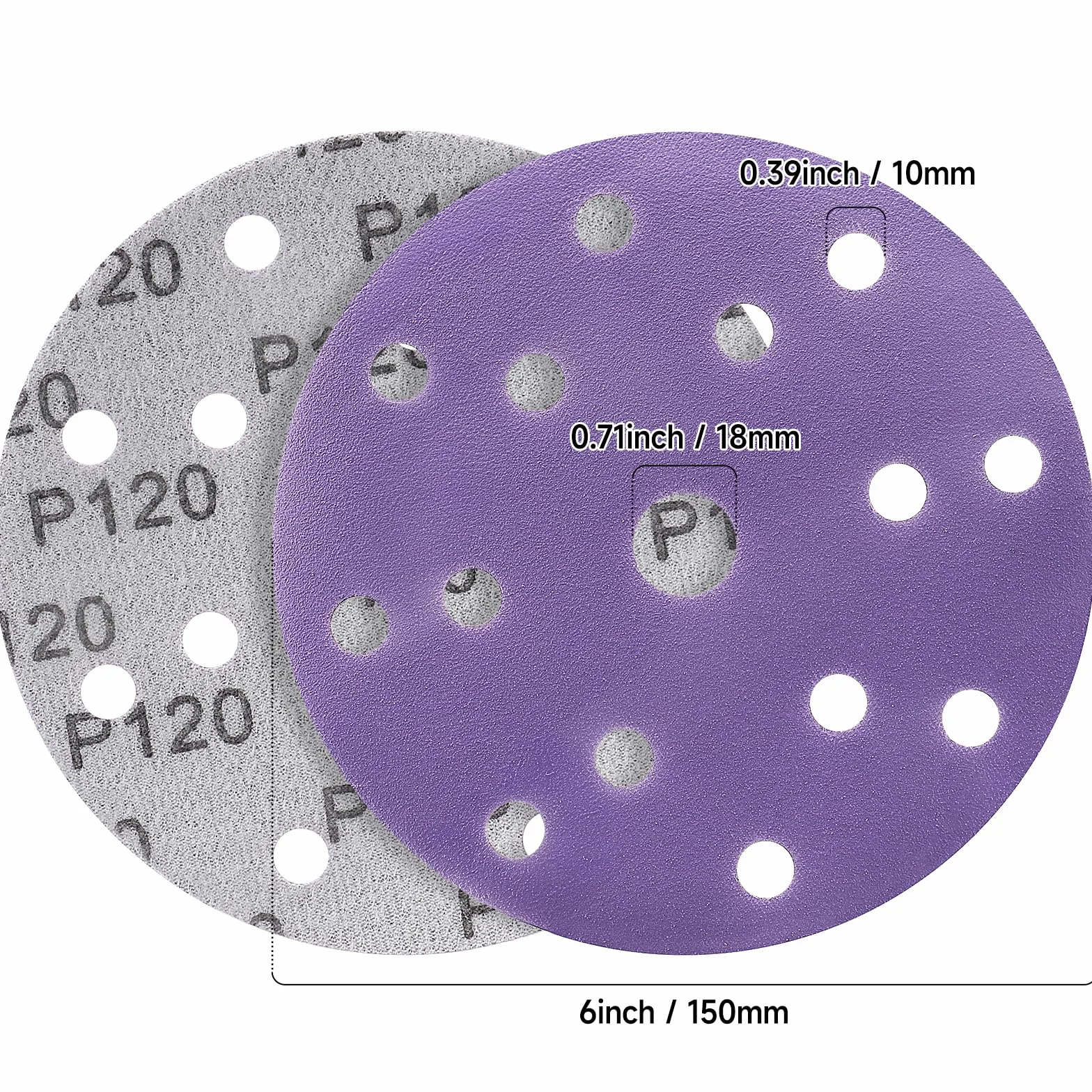 STEBRUAM 50 sztuk papieru ściernego, 150 mm, ziarnistość 120, 15 otworów, okrągłe krążki szlifierskie, zestaw do szlifierek mimośrodowych 15 cali, do drewna, metalu i farby