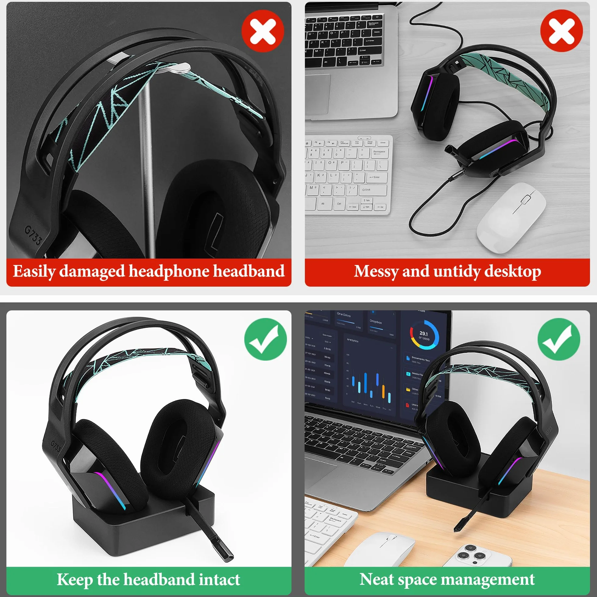 Geekria Stojak ładowania do Logitech G733 Lightspeed, 3D drukowana magnetyczna stacja dokująca, baza do słuchawek Czarny