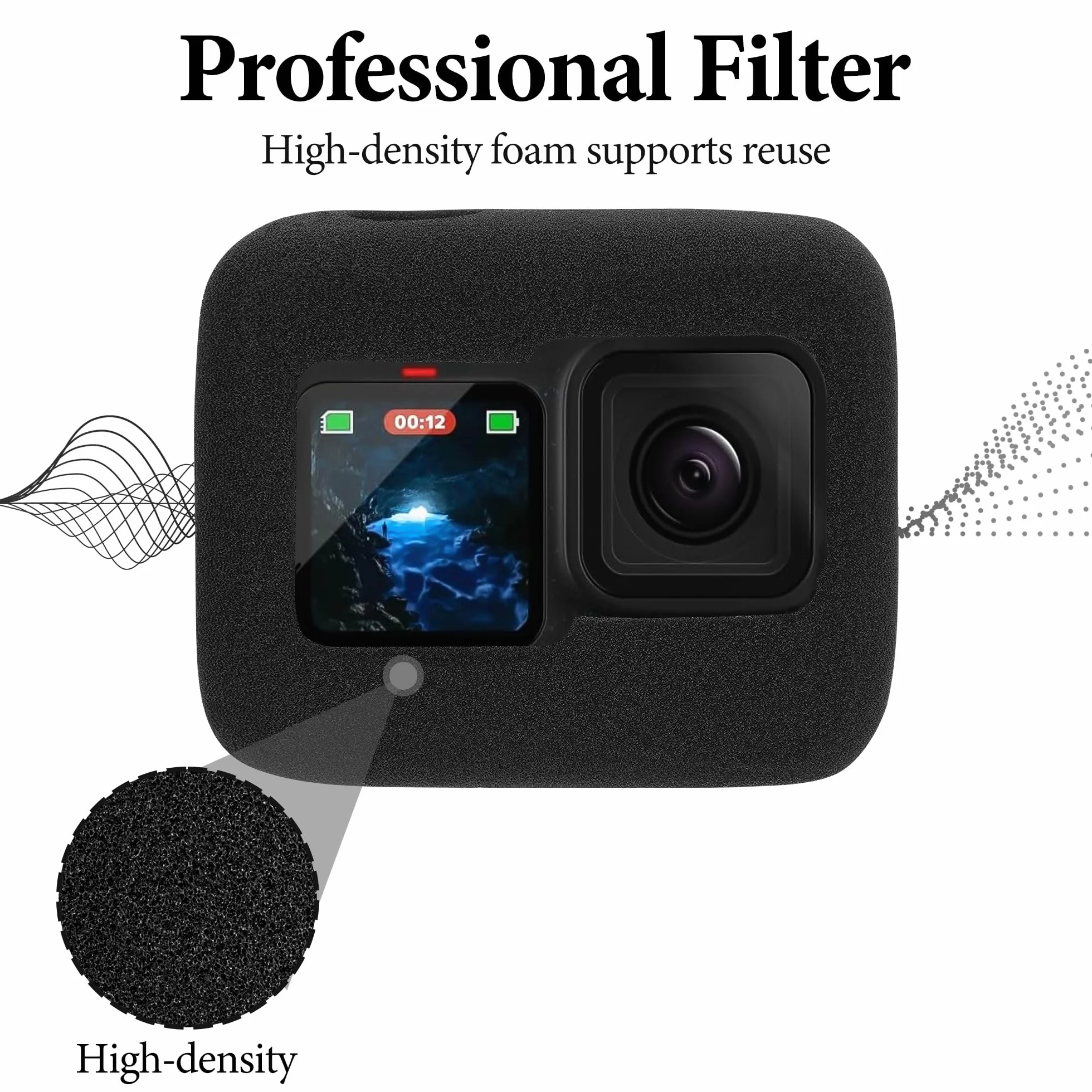 Geekria Dla Creators Windslayer osłona przeciwwiatrowa kompatybilna z kamerą GoPro Hero 13, 12, 11, 10, 9, obudowa ramki, akcesoria z gąbki z redukcją szumów wideo (czarny / 2 sztuki)