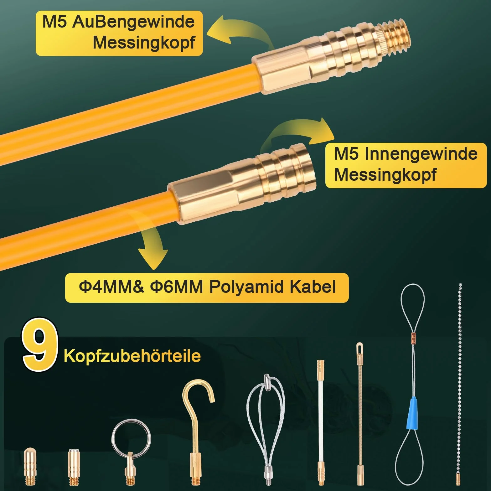 12M Wstążka do wprowadzania kabli, 4 pręty x 100 cm x 4mm pręty kablowe i 8 prętów x 100 cm x 6mm pręty kablowe z 9 adapterami do rurek pustych do układania kabli