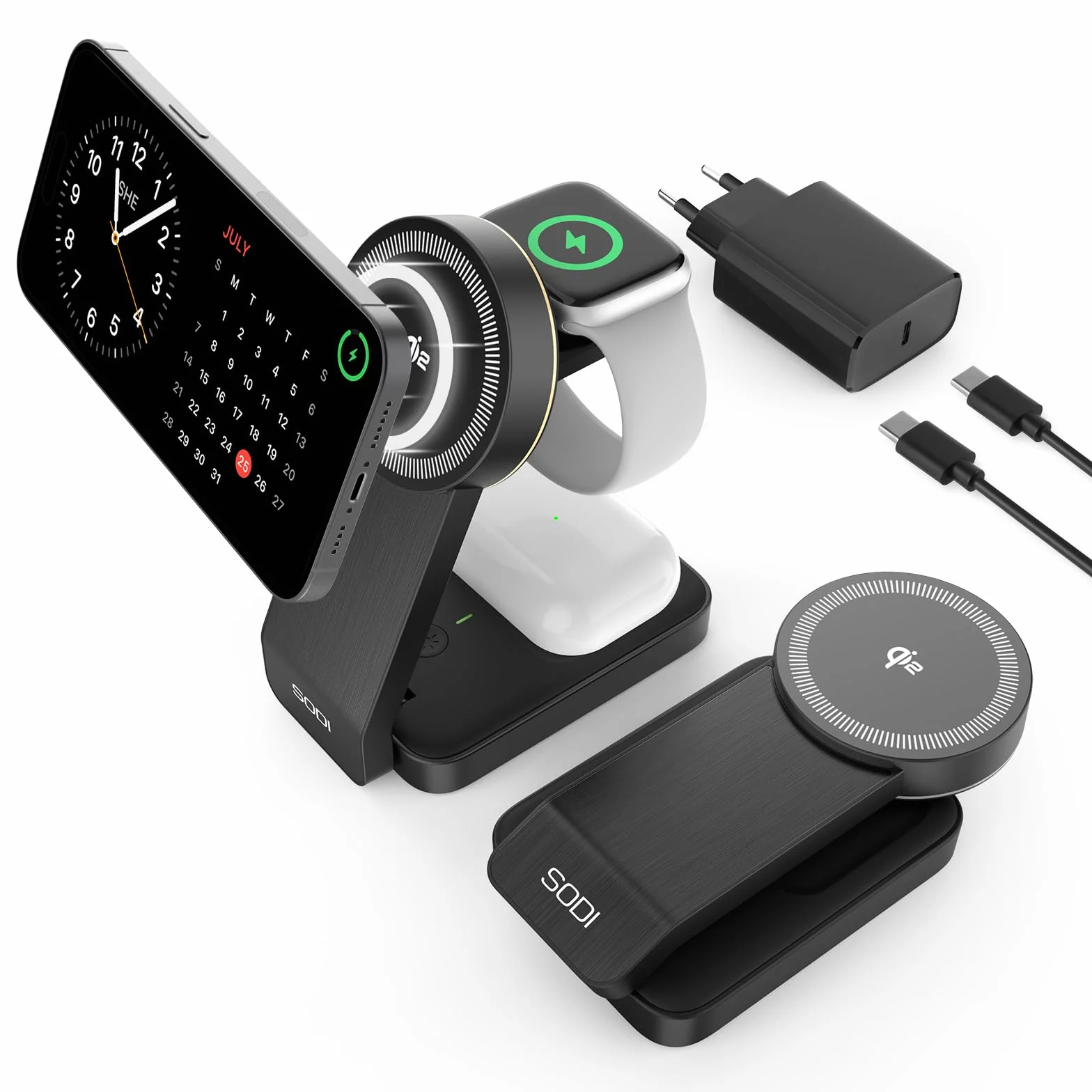 SODI Bezprzewodowa stacja ładująca 3 w 1 Qi2 15 W składana do iPhone 16/15/14/13/12 AirPods Apple Watch