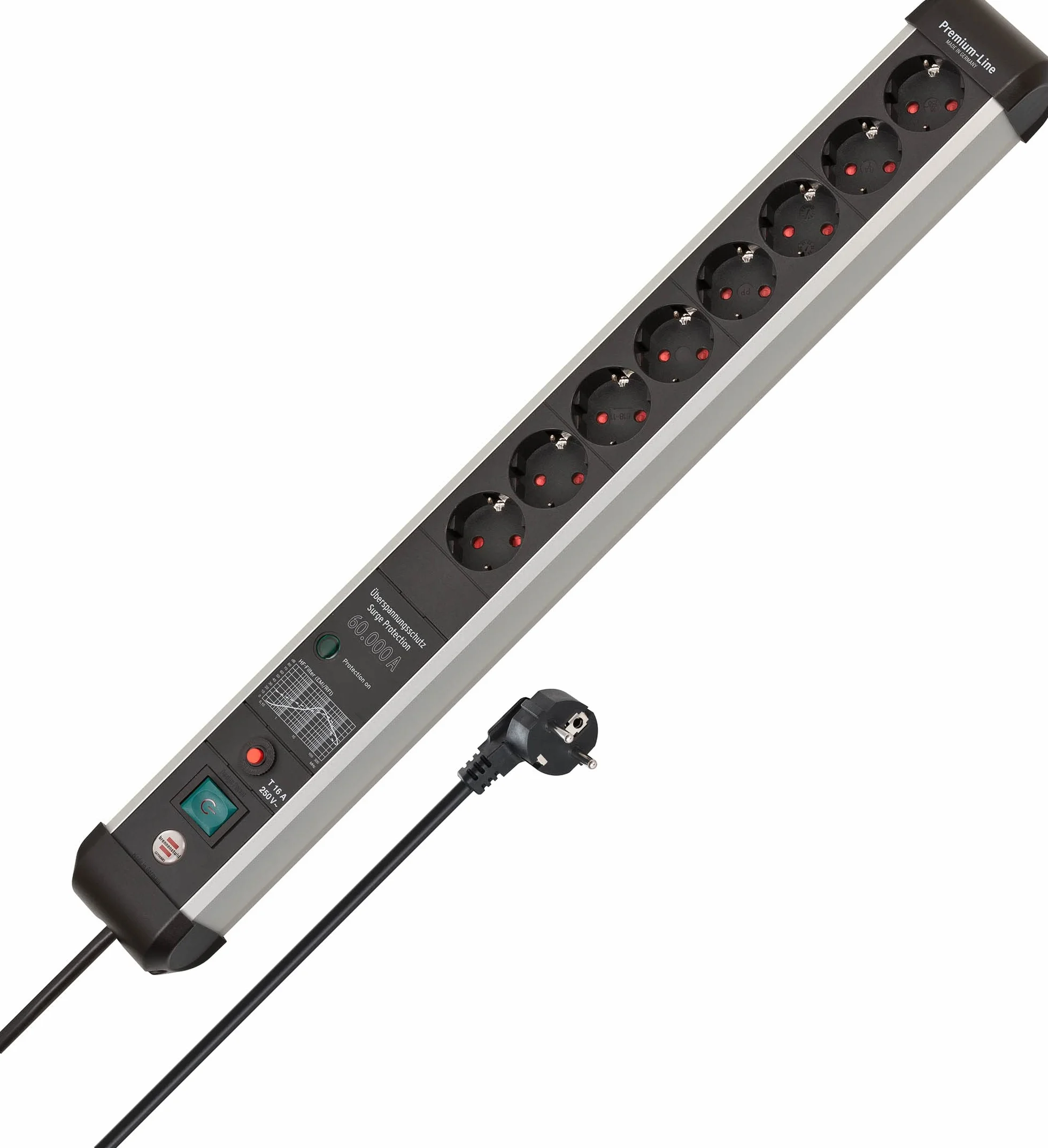 Brennenstuhl Premium Protect-Line listwa zasilająca 8 gniazd ochroną przepięciem 60 000 A kabel 3 m srebrna czarna