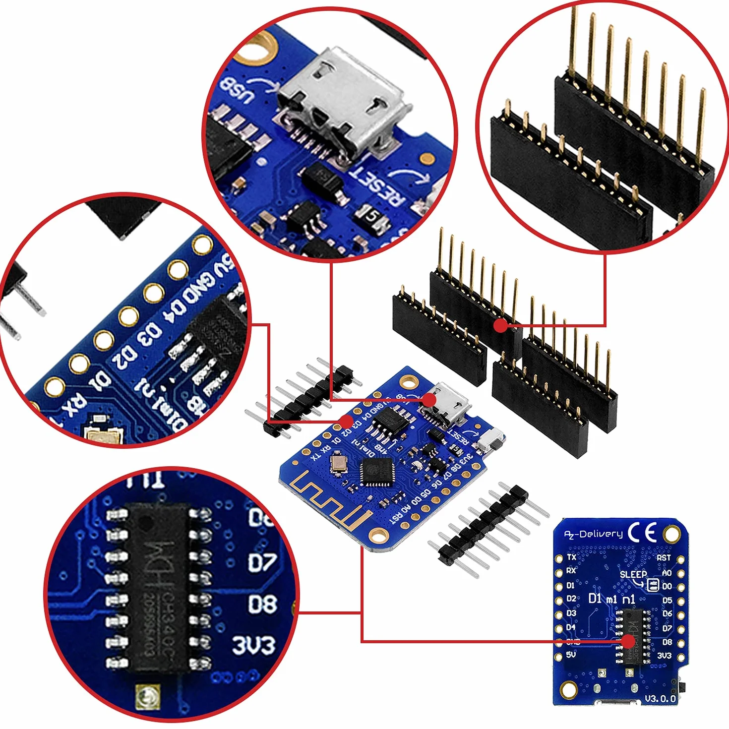 AZDelivery D1 Mini V3 NodeMCU ESP8266EX WLAN Moduł kompatybilny z Arduino