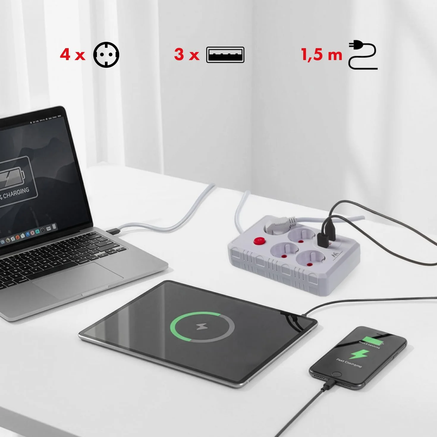 Listwa zasilająca Maclean MCE392/393 | 4 gniazda 3xUSB 2500W kabel 1,5 m gniazda wygięte pod kątem 45° | montaż pod biurkiem podświetlany wyłącznik do domu, biura (Biały, 1,5 m)