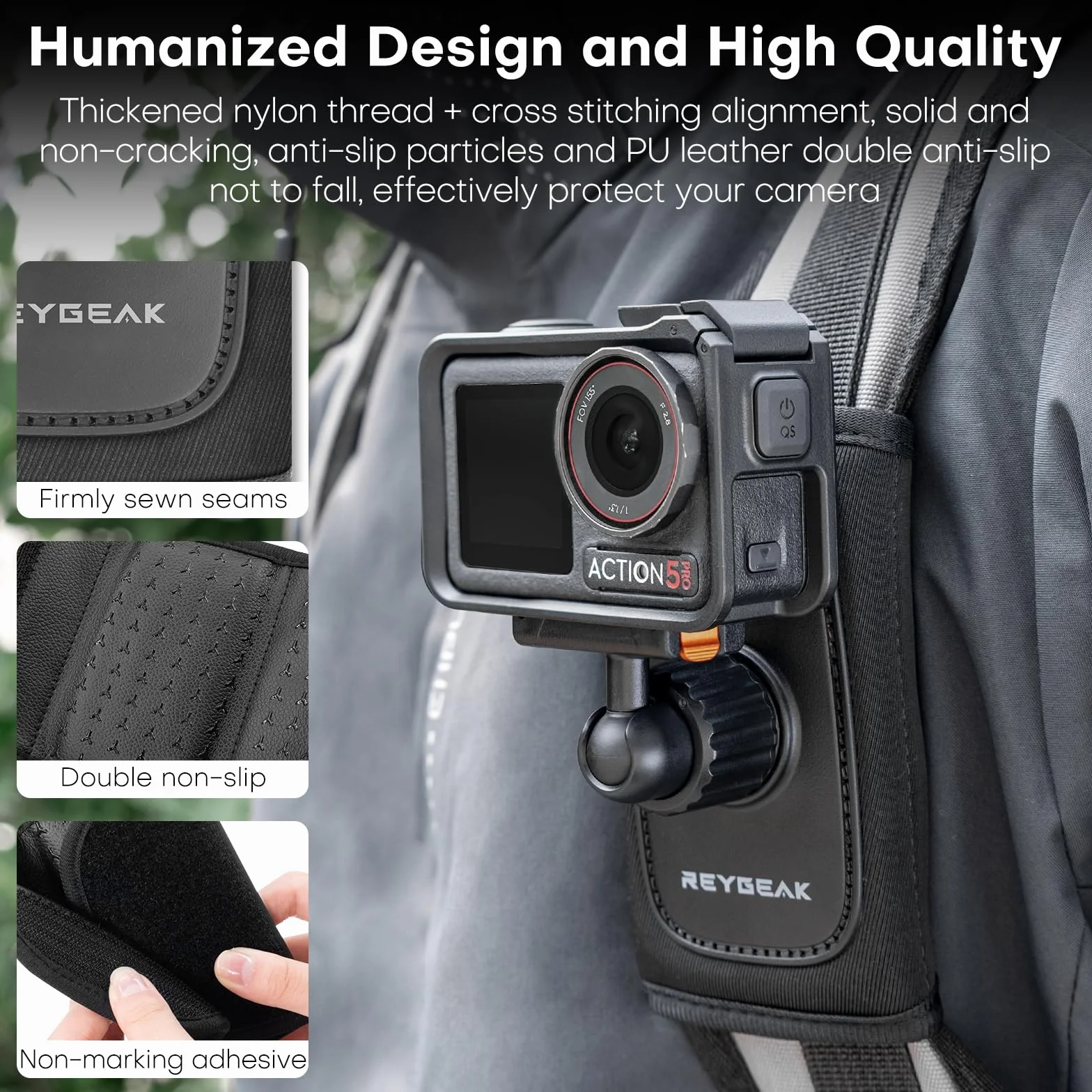REYGEAK Uchwyt na ramię do plecaka DJI OSMO Action 5 Pro/Action 4/Action 3, z regulowaną wyściółką na ramię, system mocowania paska