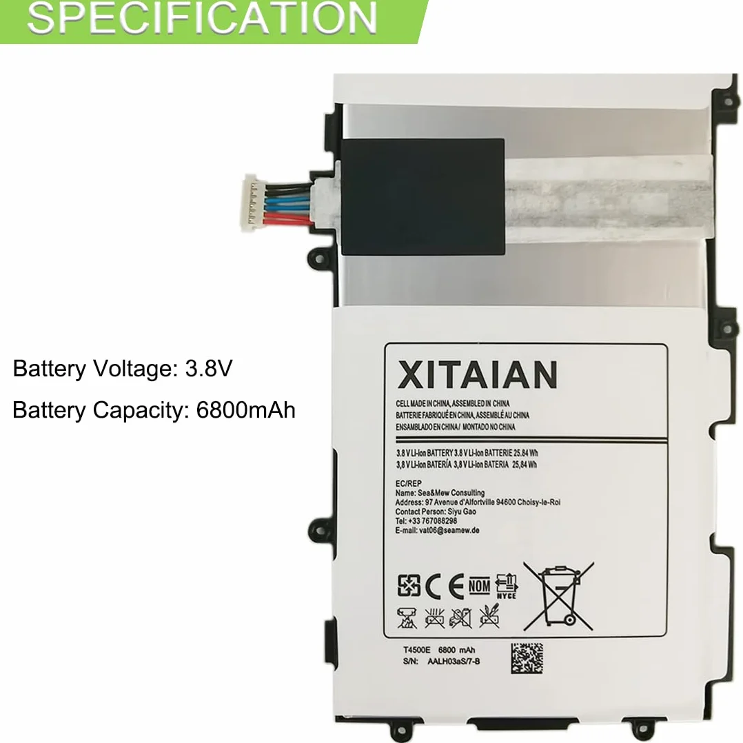 XITAIAN 3.8V 25.84Wh 6800mAh T4500E T4500C Kompatybilny z Bateria Zamiennik do Samsung Galaxy Tab 3 10.1 GT-P5200 GT-P5210, P5200 P5210 P5213 With Tools