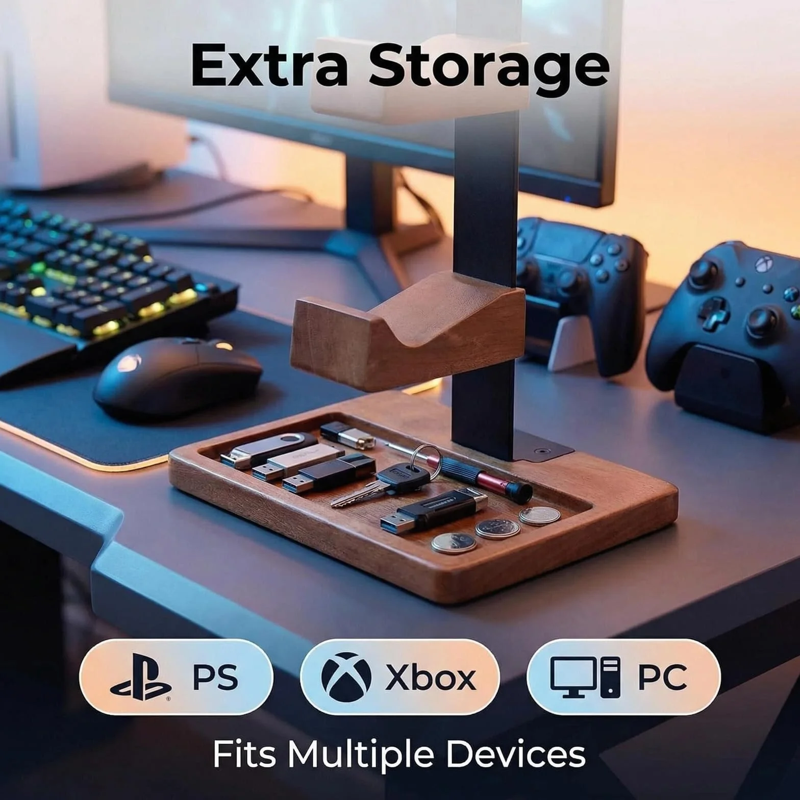 Acidea Uchwyt na kontroler z litego drewna stojak na słuchawki podwójny organizer do gier Xbox PS4 PS5