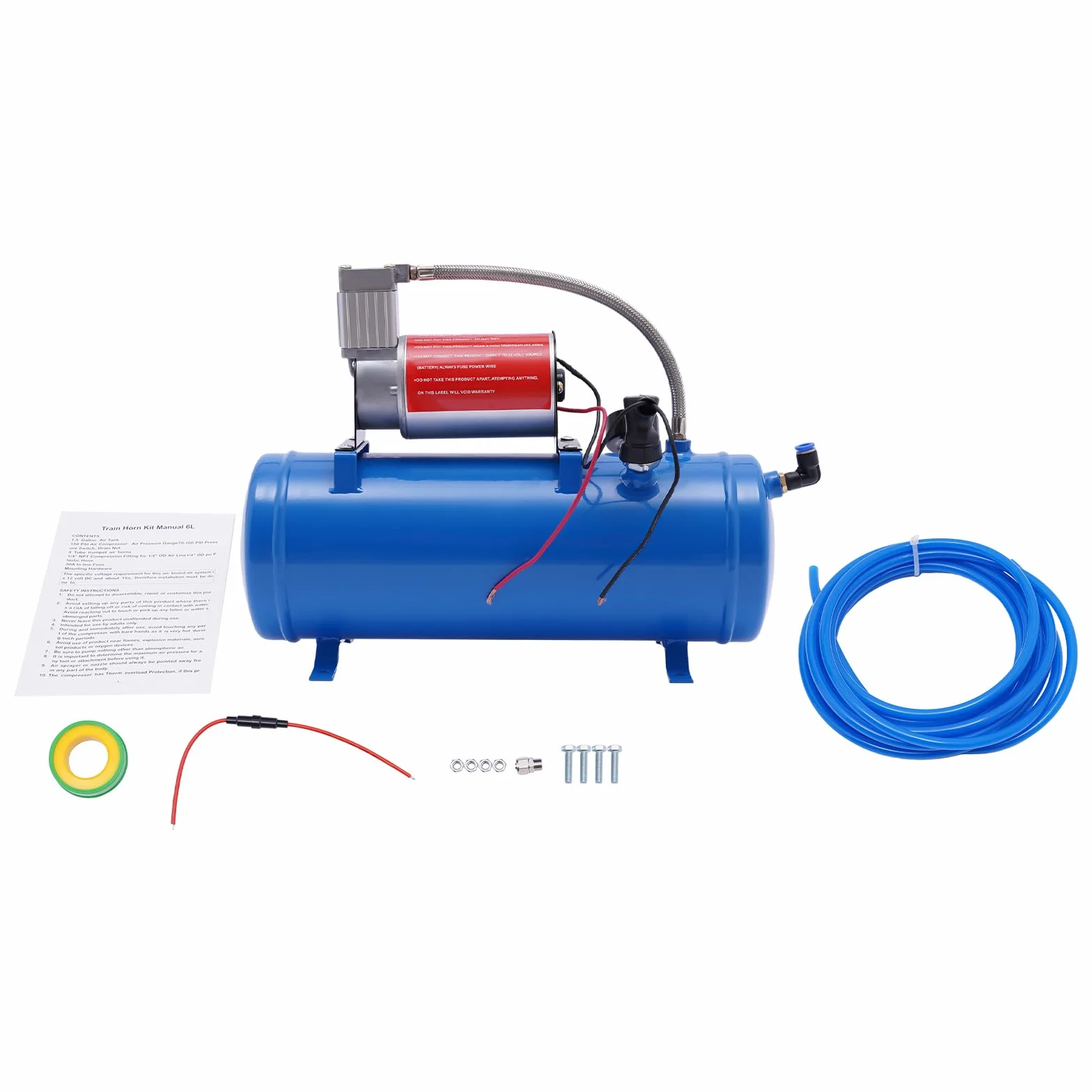 Sprężarka powietrza 12 V, 100 psi, ze zbiornikiem 6 l, przenośna i kompaktowa sprężarka powietrza | w zestawie wąż 3,8 m | maks. 8 bar