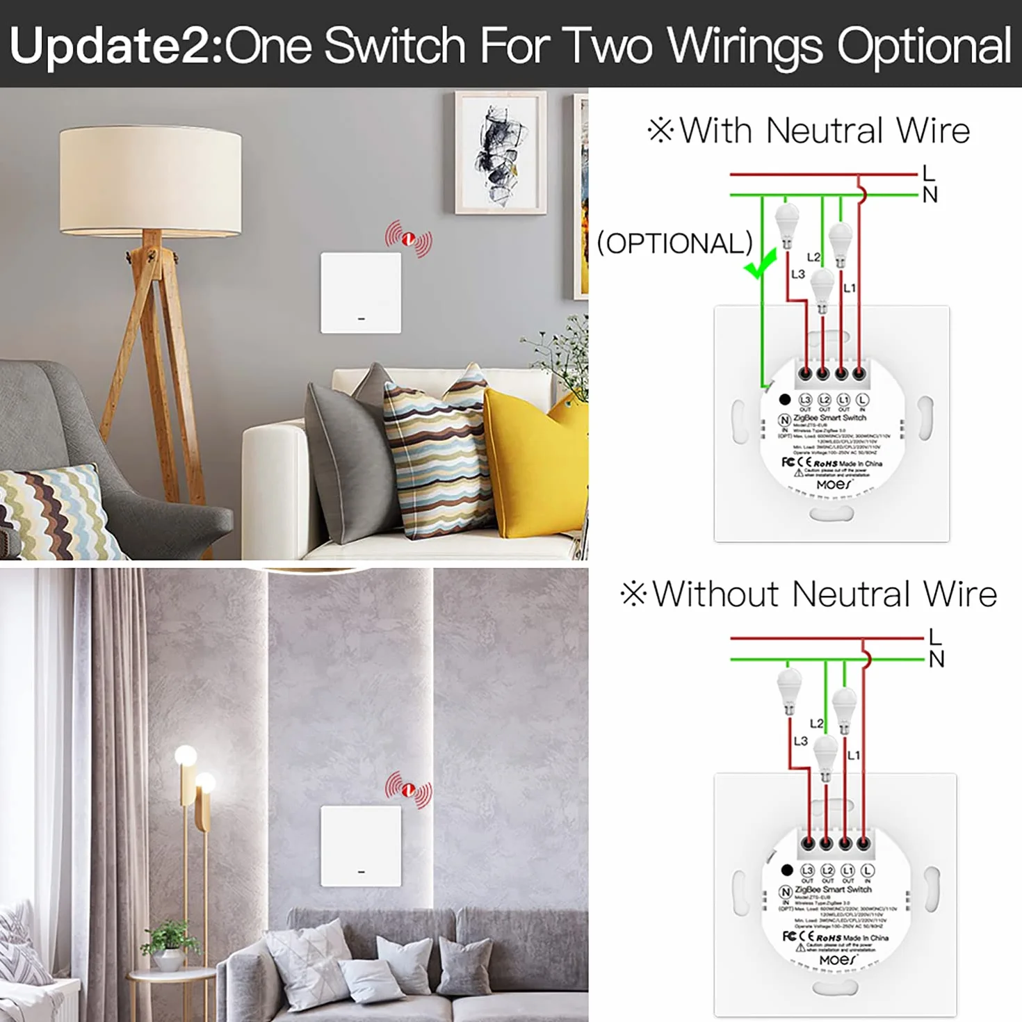 Inteligentny przełącznik ścienny MOES, kompatybilny z protokołem i parowaniem Tuya Zigbee, nie wymaga przewodu neutralnego, nie wymaga kondensatora, wymaga koncentratora Tuya ZigBee, 1 gang, biały