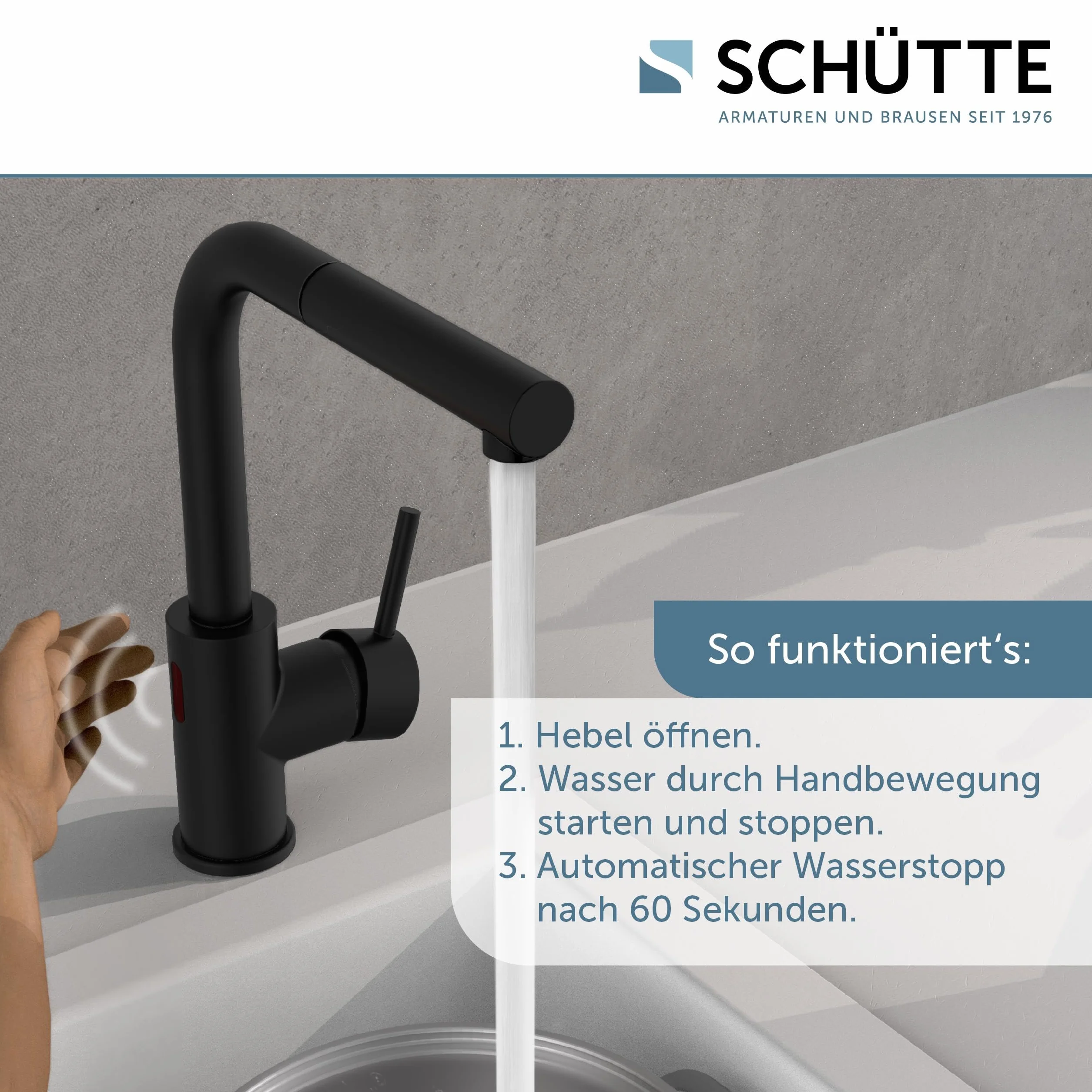 SCHÜTTE 99760 VITAL armatura zlewozmywakowa z czujnikiem, armatura kuchenna z wyciąganą słuchawką, automatyczny kran z czujnikiem, bateria mieszakowa, zlew, bezdotykowa armatura na podczerwień, czarna