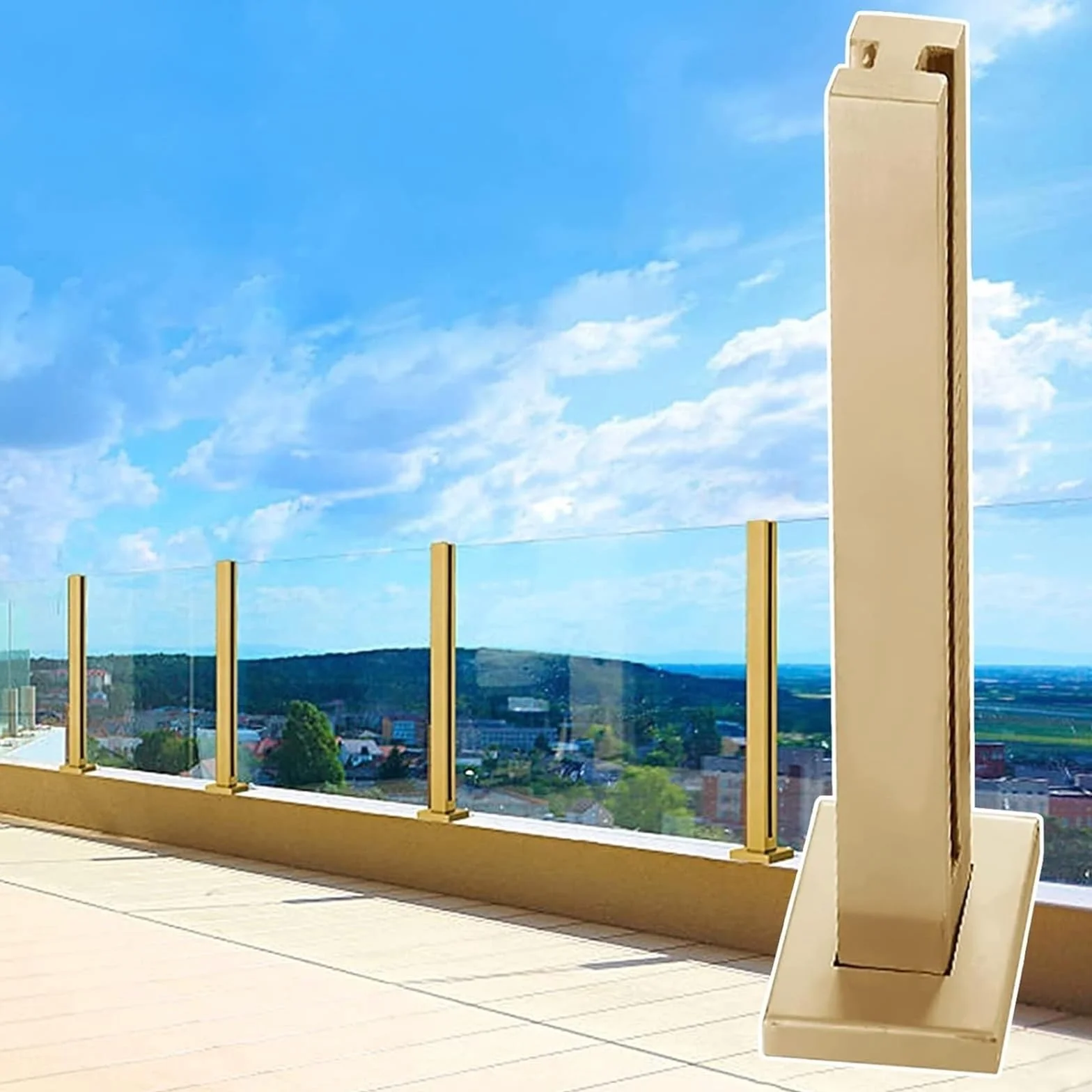 Szklana balustrada taras patio złoty metalowy kwadratowy system balustrad 105cm