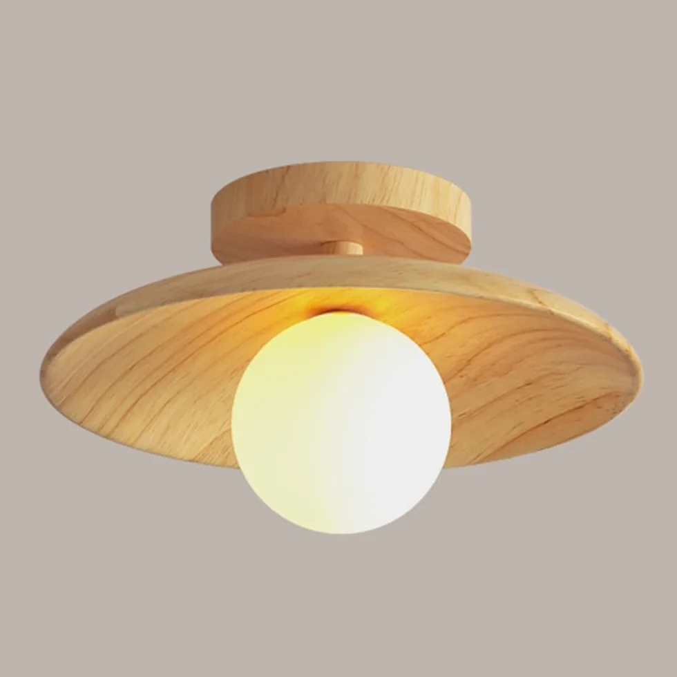 Okrągła Sufitowa Nordic Wood Do Korytarza, Do Przejścia W Stylu Japońskim, Sufitowa Z Kloszem W Kształcie Kuli, Półpłaska Drewniana Sufitowa/28 Cm