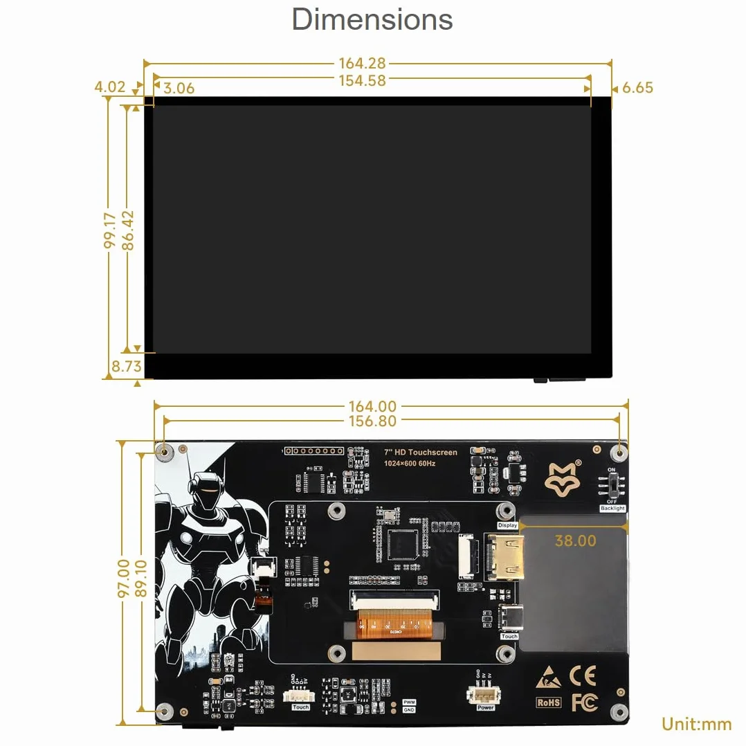 LUCKFOX przenośny ekran dotykowy 7" IPS monitor LCD 1024 x 600 5-punktowy Plug and Play