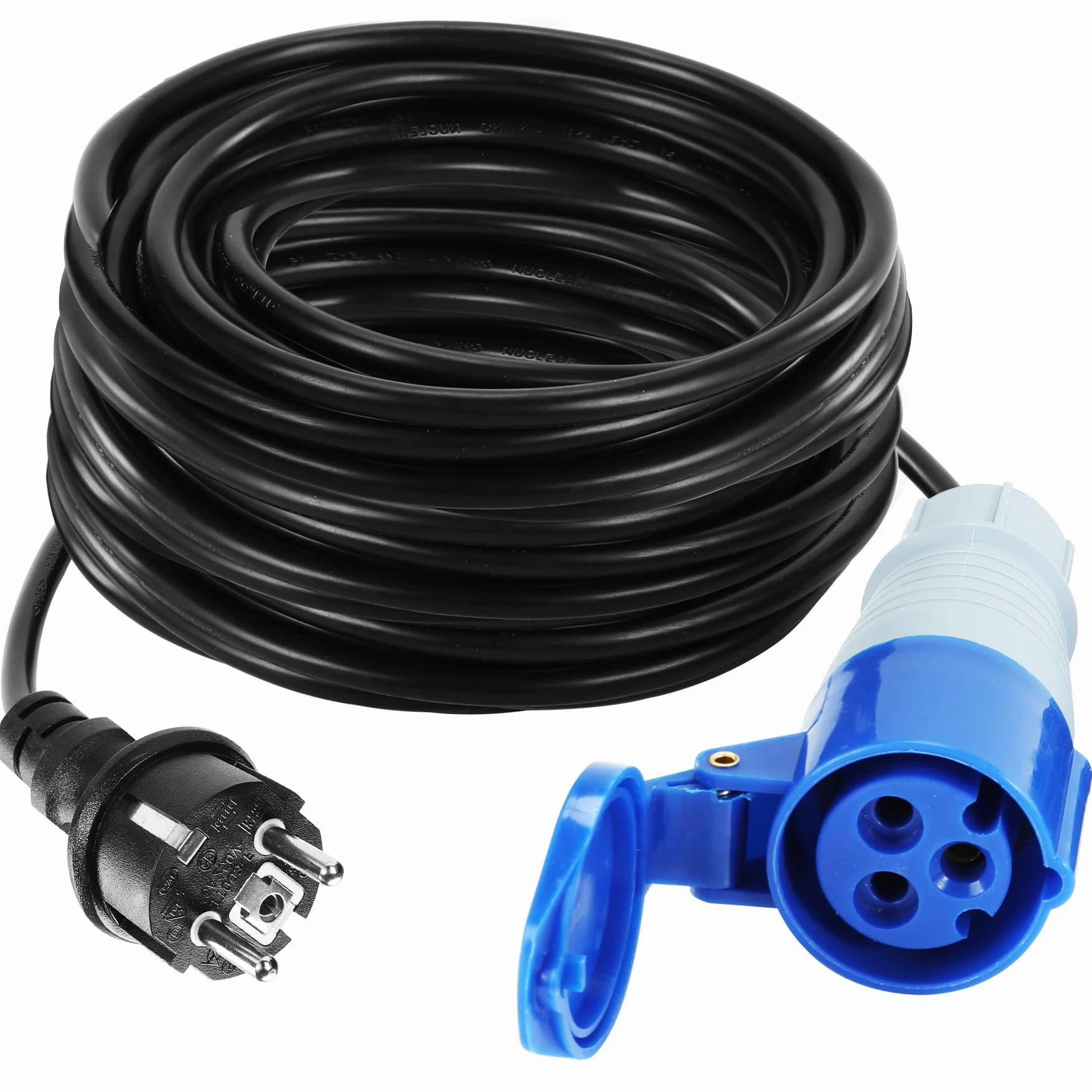 Przewód adaptera CEE, 10 m, adapter CEE, 230 V/16 A, 3-biegunowa wtyczka CEE, kabel IP44 CEE, przedłużacz ze złączem kątowym CEE, złącze Schuko, adapter do wtyczki kempingowej, akcesoria do przyczep