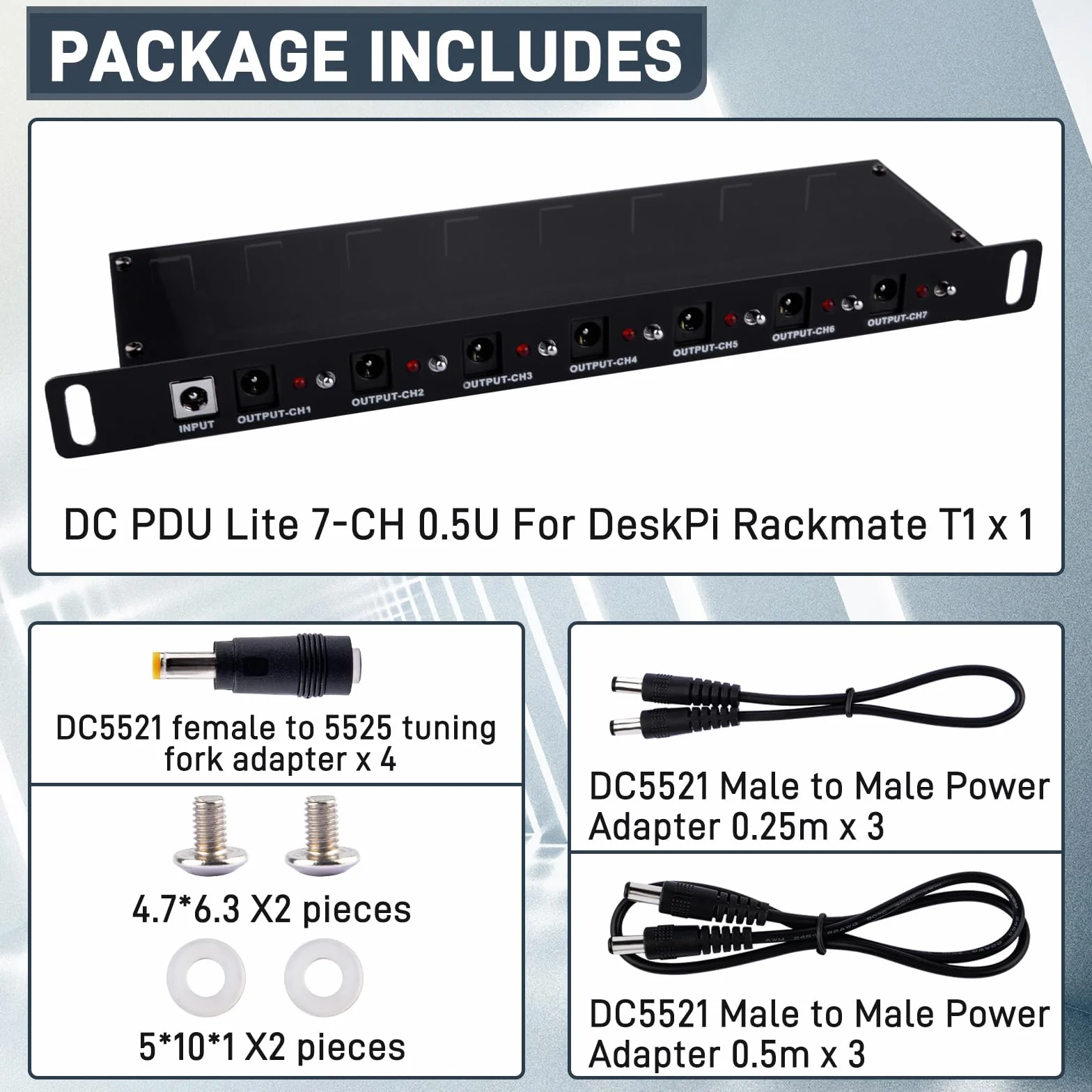 GeeekPi 10-calowy rack PDU DC PDU Lite 7-CH 0.5U Rack-Mount Power Distribution Unit