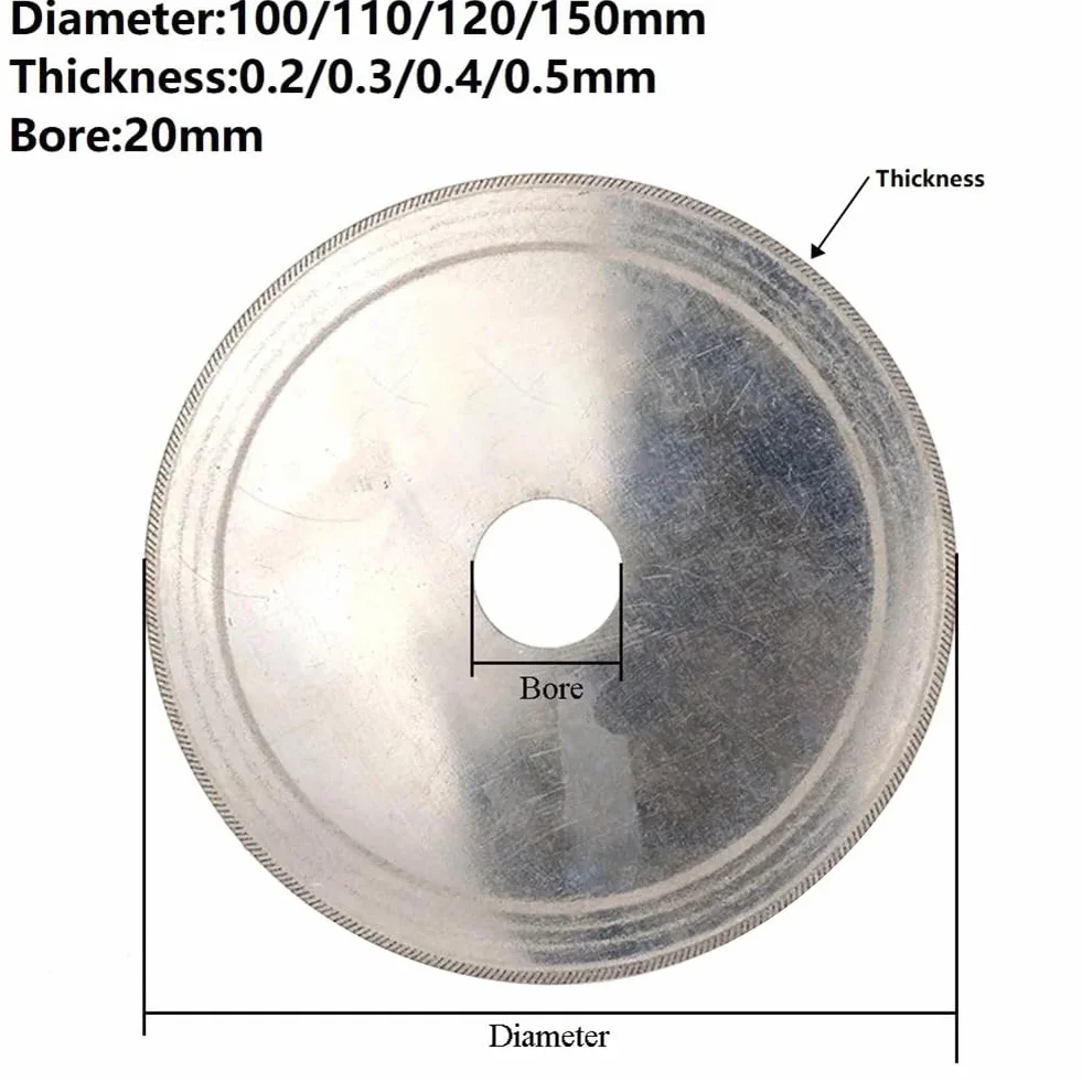 Diamentowe brzeszczoty do pił, Tarcza diamentowa o ultracienkich średnicach 100/110/120/150 mm, do cięcia kamieni szlachetnych z jadeitu i agatu(110x20x0.4mm)