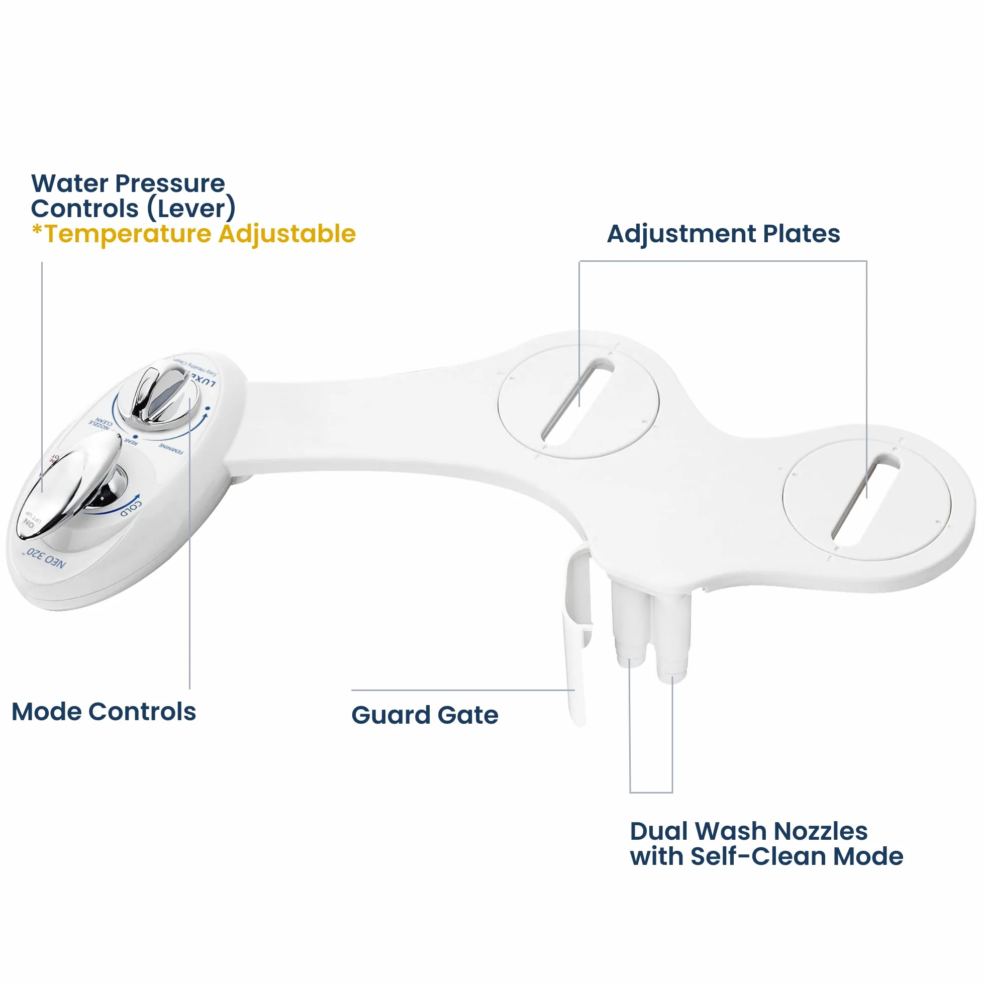 Luxe Bidet Neo 320 biała 320-samoczyszcząca podwójna dysza - gorąca i zimna woda nieelektryczna mechaniczna nasadka do toalety, 43 x 25,4 x 7,6 cm.