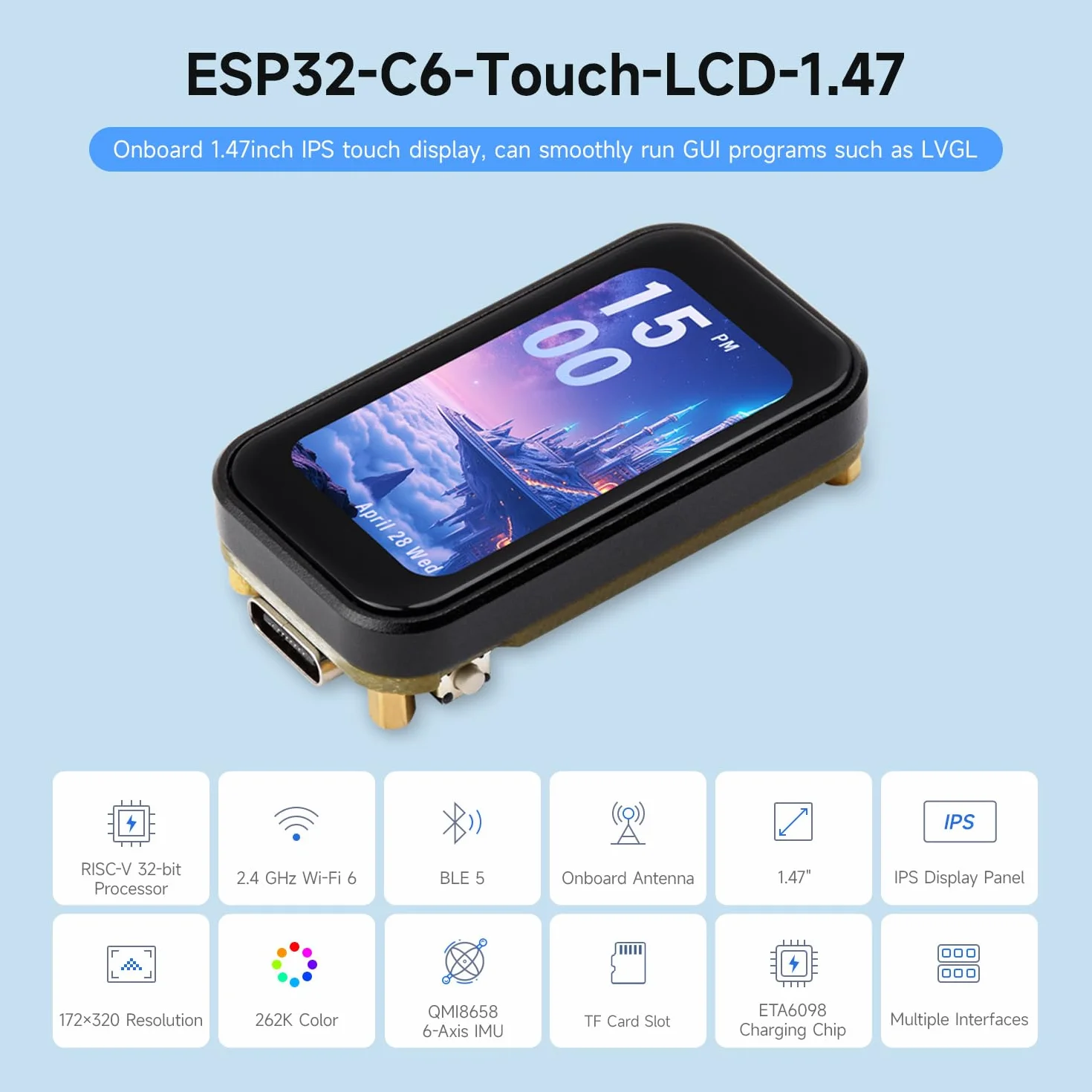 Waveshare ESP32-C6 1.47inch Touch Display Development Board, 172x320 Resolution, 262K Color, WiFi 6, BLE 5, RISC-V 160MHz