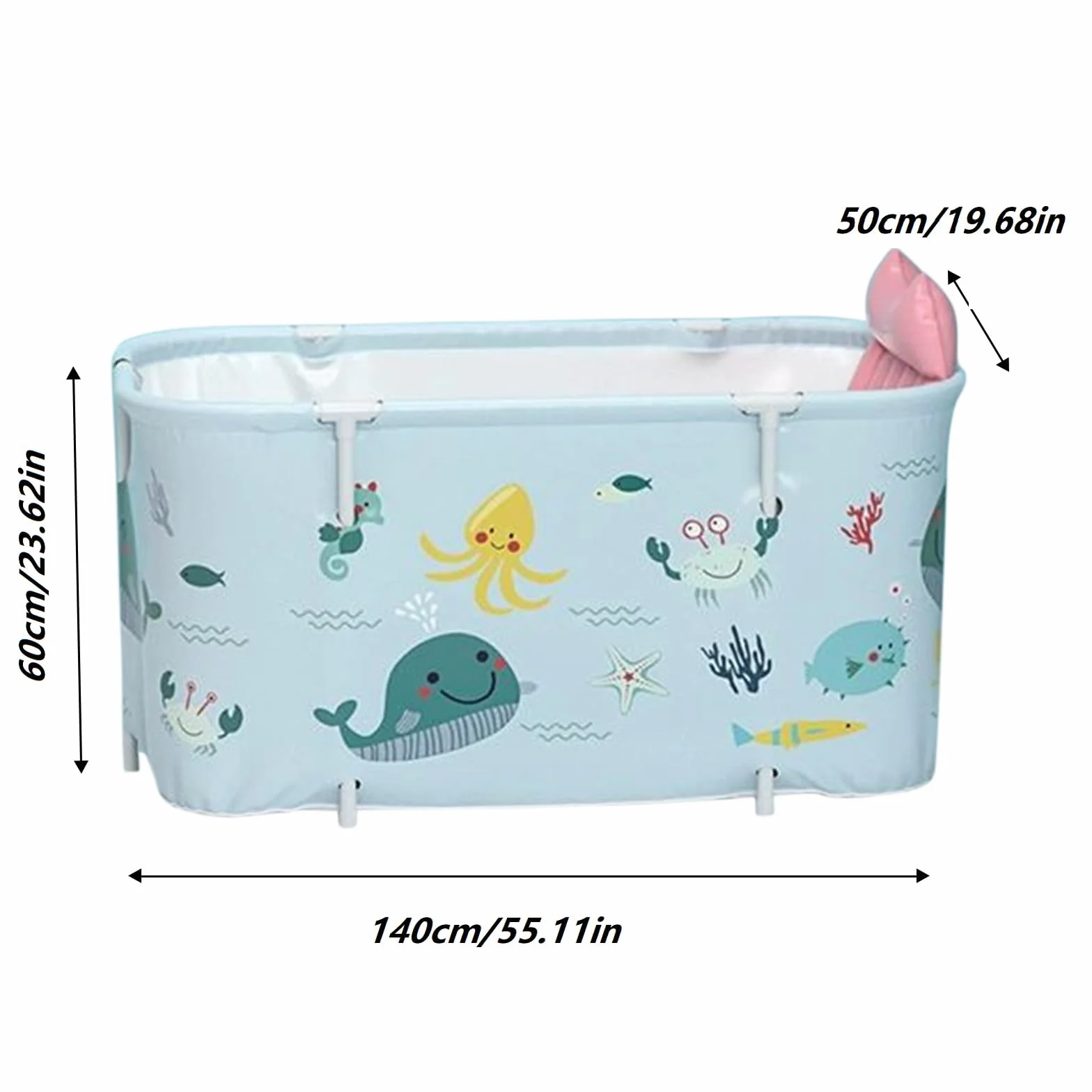 Składana wanna dla dorosłych, 140 x 50 x 55 cm, przenośna, z poduszką i oparciem, wanna SPA do prysznica, wolnostojąca, składana wanna dla dorosłych i dzieci, styl oceaniczny