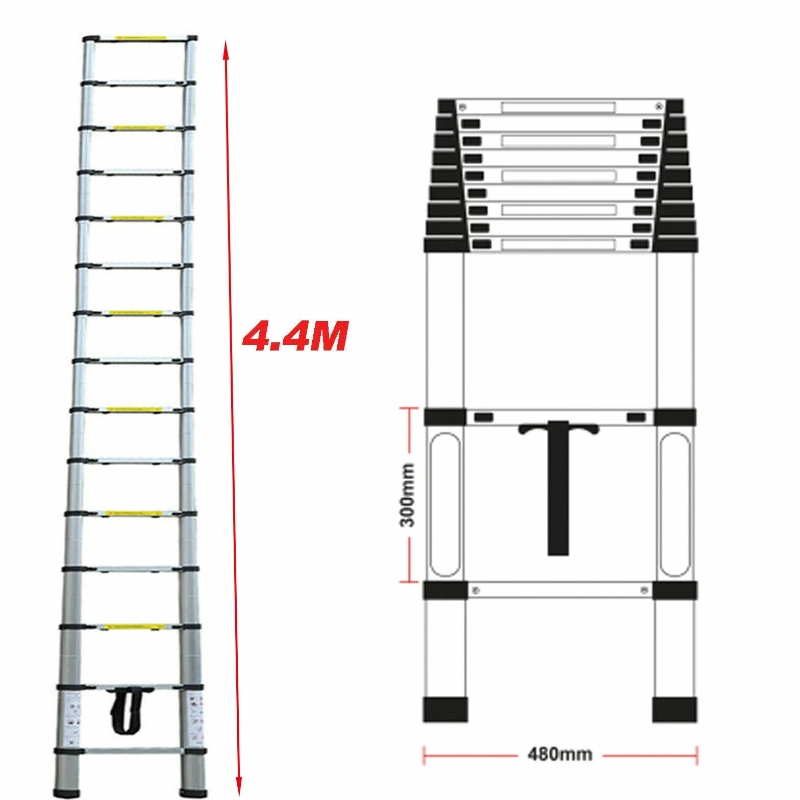 Aluminiowa drabina teleskopowa 4,4 m, "zrób to sam", drabina stojąca, drabina przystawna, drabina wielofunkcyjna, do strychu/dachu wspinaczkowego/użytku biurowego/prac budowlanych, wysuwana, aluminiowa drabina antypoślizgowa, schody, obciążenie 150 kg