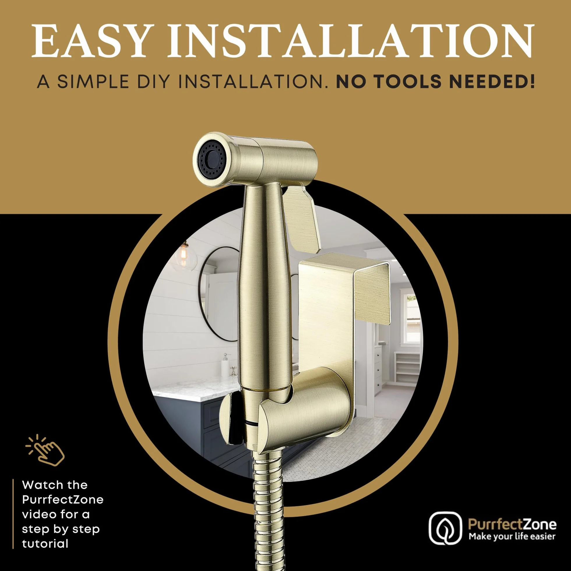 Purrfectzone Bidet Sprayer for Toilet, Handheld Bidet Sprayer Kit, Easy-to-Install Toilet Handheld Shower, Hand Held Stainless Steel Shattaf with Adjustable Flow, Cloth Diaper Set-Brushed Gold