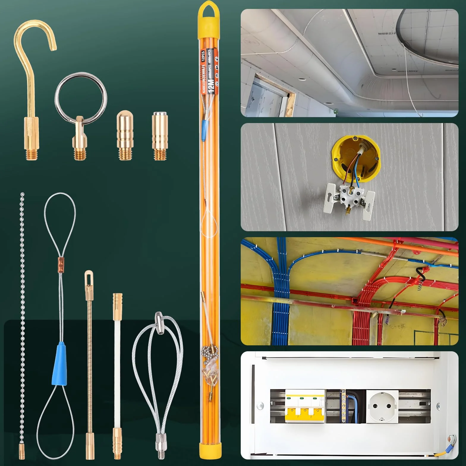12M Wstążka do wprowadzania kabli, 4 pręty x 100 cm x 4mm pręty kablowe i 8 prętów x 100 cm x 6mm pręty kablowe z 9 adapterami do rurek pustych do układania kabli