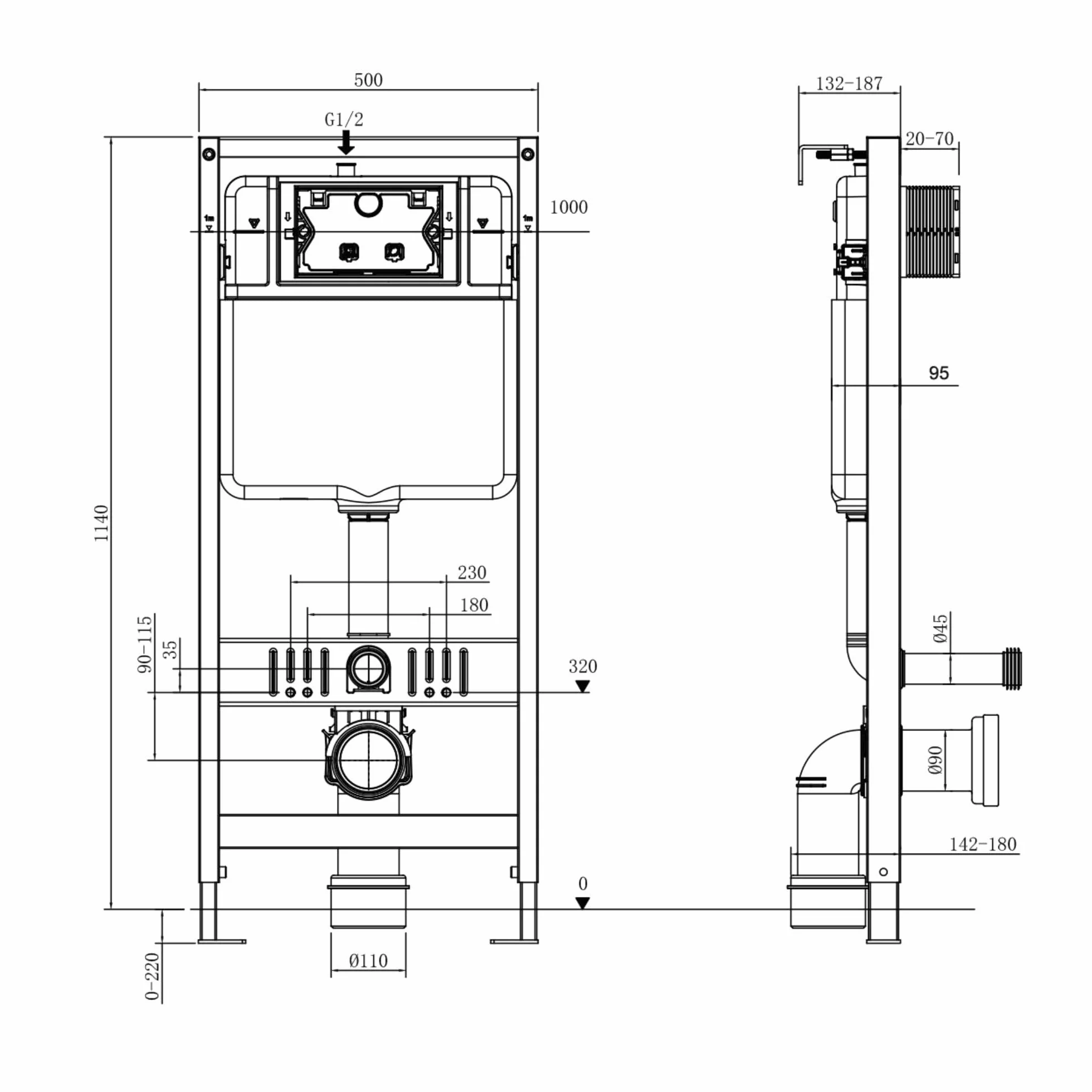 Element podtynkowy WC płaska konstrukcja ze spłuczką 112 cm do WC ściennej