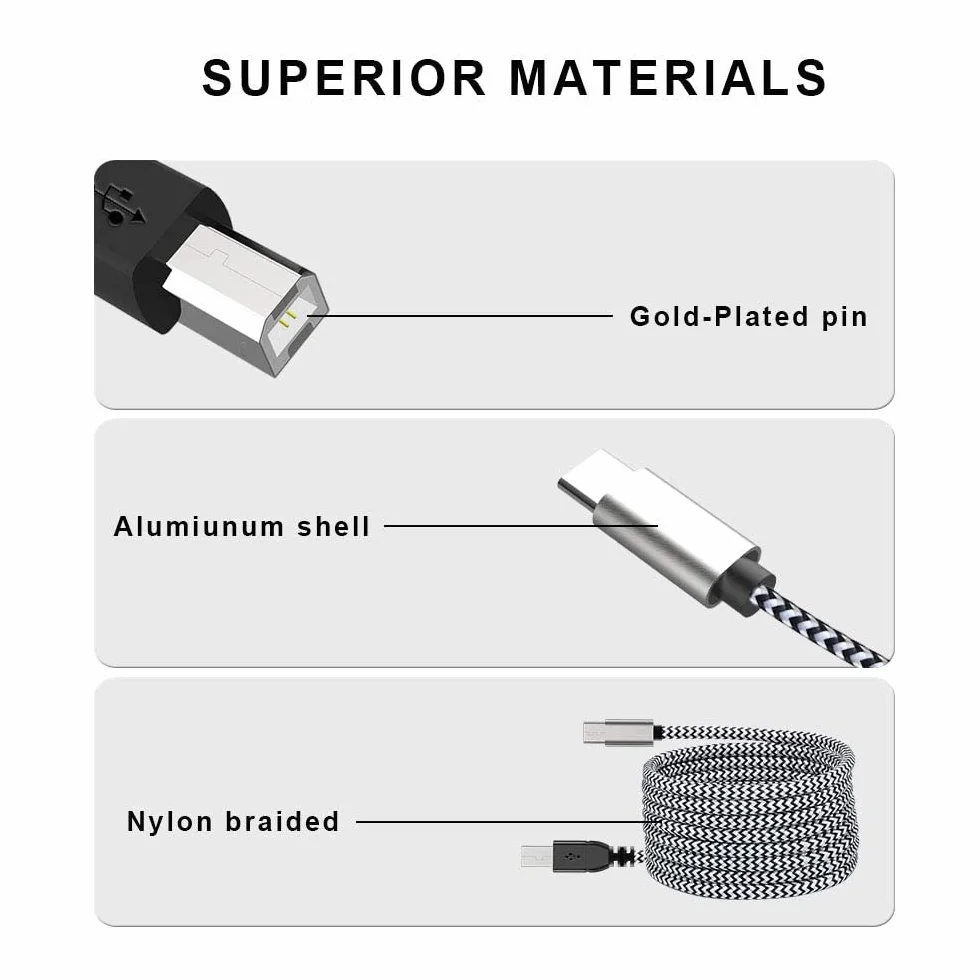 MOSWAG Kabel USB B do USB C 480 Mbps 10 m, kabel do drukarki MIDI, wytrzymały nylonowy płaszcz i aluminiowa wtyczka, do drukarek, keyboardów MIDI, smartfonów, syntezatorów, interfejsów audio
