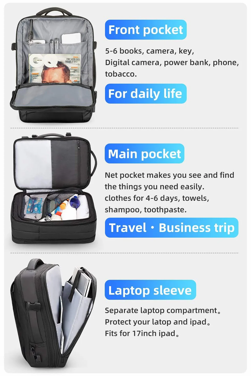 MARK RYDEN Powiększany plecak 25-40L, biznesowy plecak męski, 17" torba na laptopa z przyłączem USB do ładowania, wodoszczelny, zabezpieczający przed kradzieżą, do samolotu, bagaż podręczny, czarny