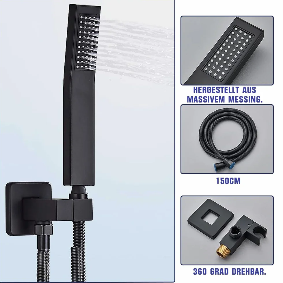 System prysznicowy, czarny, podtynkowy, armatura prysznicowa, 30 x 30 cm, system prysznicowy z wyświetlaczem LCD, deszczownica czarna, słuchawka prysznicowa 200 mm, mosiężny korpus, wąż prysznicowy